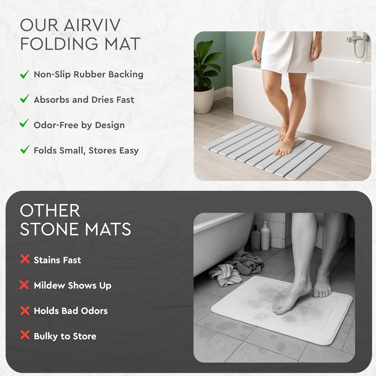 Foldable Stone Bath Mat | 23.6" x 15.4" Diatomaceous Earth Bath Mat with Anti-Slip Rubber Backing | Absorbent Bathroom Mat | Non Slip & Fast Drying Diatomite Stone Mat for Bathroom | Light Grey - Image 2