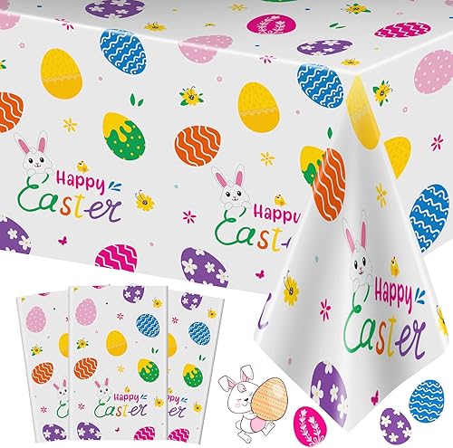 PERFQU Mantel de Pascua de 3 piezas, funda de mesa de conejo de Pascua, mantel rectangular de plástico desechable con huevos coloridos para