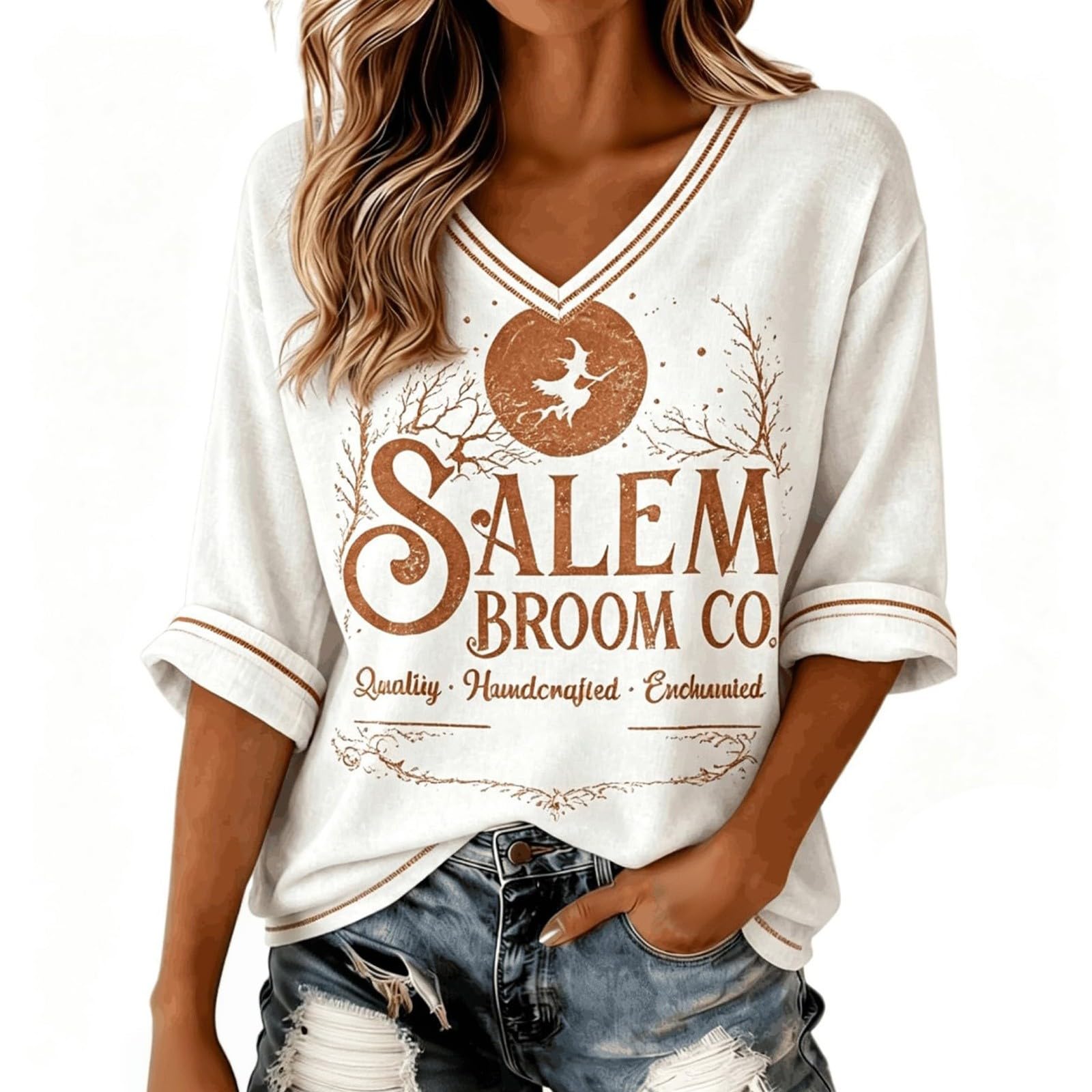 Salem Broom Co Halloween Shirts Women 3/4 Sleeve Vintage Witch Tops White — image 1