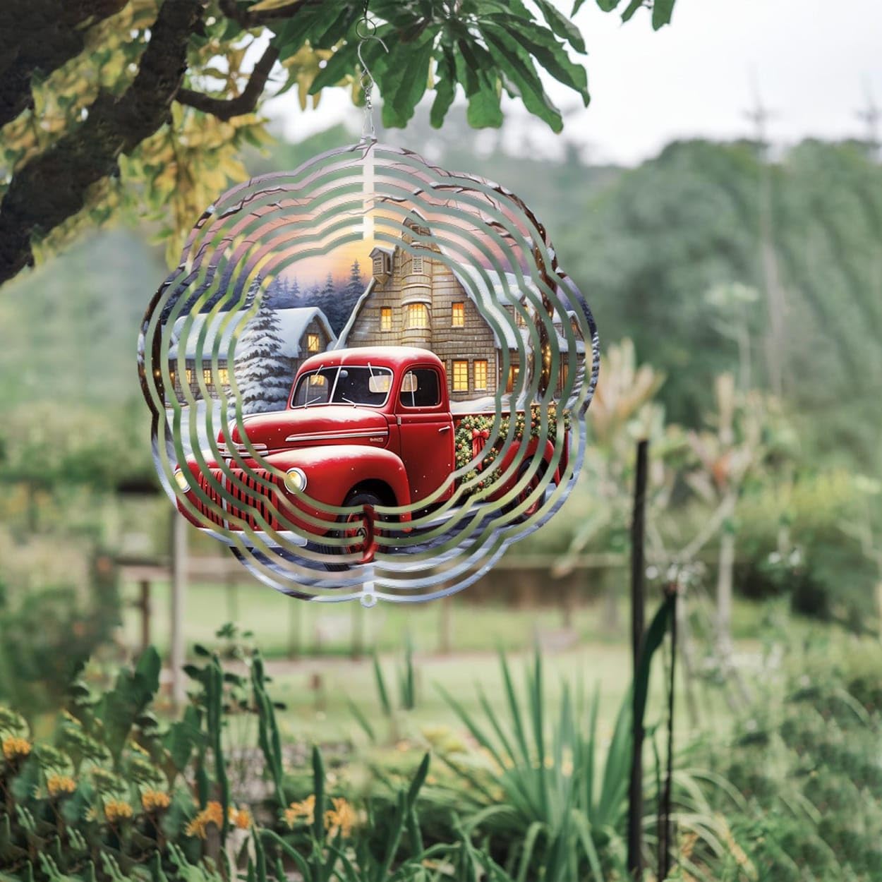 Red Truck Farmhouse Winter Christmas Wind Spinners 3D Stainless Steel Laser Cut Metal Double Sided Printing-Hanging Indoor/Outdoor Decorations Yard Gardening Decor,Metal Kinetic Art 16x16 inches