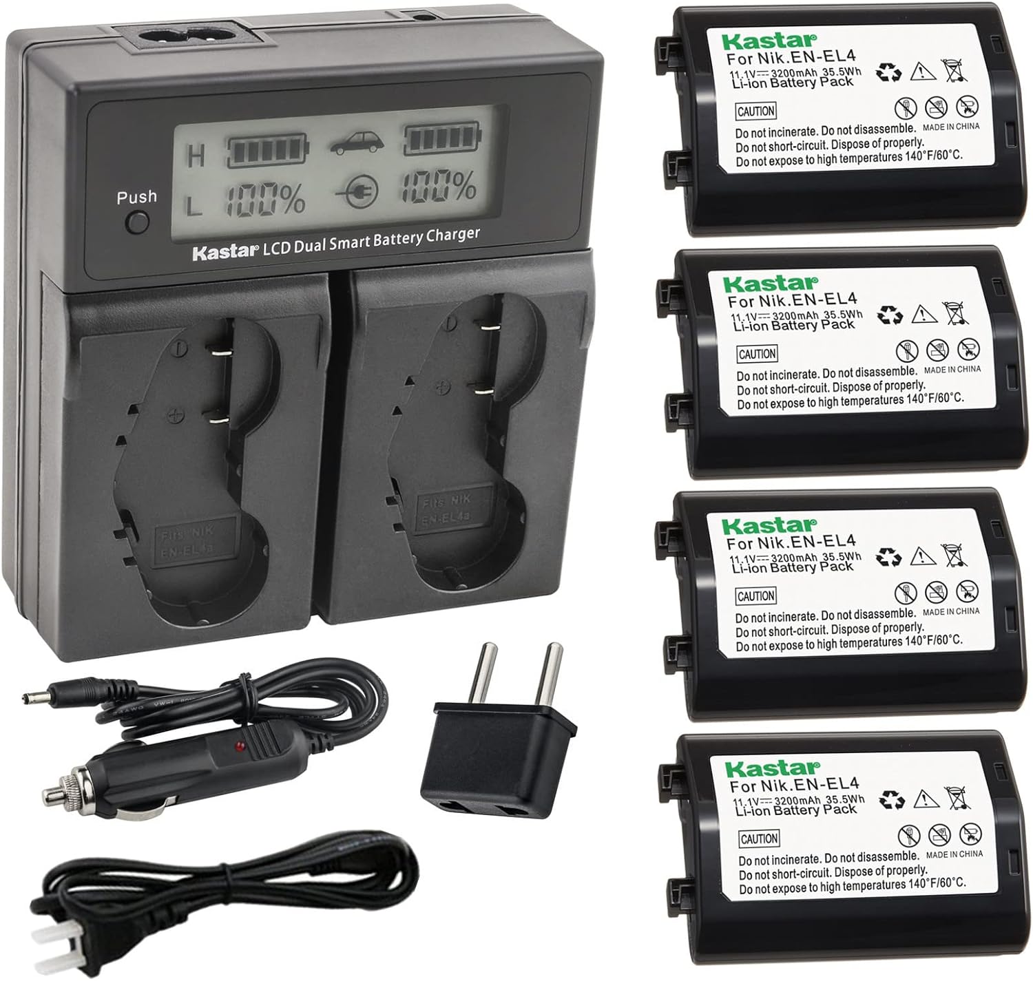 Kastar LCD Dual Smart Fast Charger & Battery (4 Pack) for Nik EN-EL4, EN-EL4A, ENEL4, ENEL4A and Nik D2Z, D2H, D2Hs, D2X, D2Xs, D3, D3S, D3X, F6 Camera, Nik MB-D10, D300, D300S, D700, MB-40 Grip