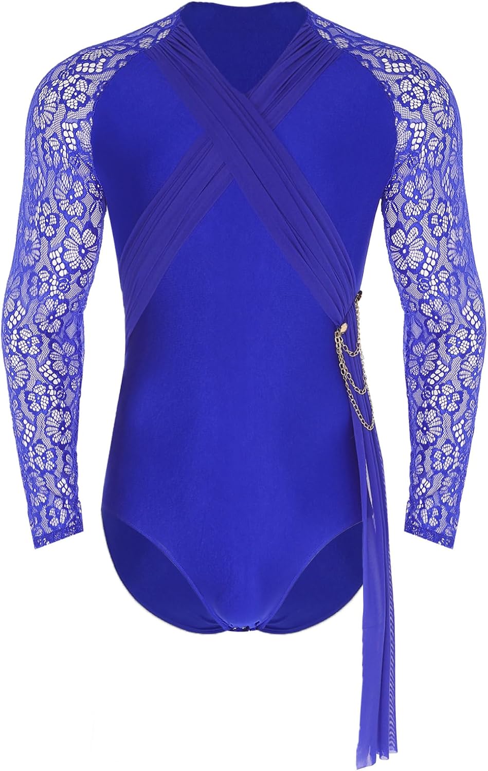 ACSUSS Mens Ballet Leotard Sheer Ruched Mesh Long Sleeve Latin Dance Gymnastics Bodysuit with Openable Crotch