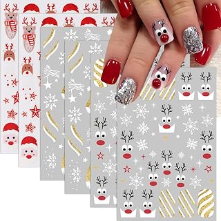 6 Sheets Christmas Nail Art Stickers 3D Self- Adhesive Santa Claus Nail Decals Gold Red Snowflake Snowman Reindeer Elk Candy Stripe Nail Design Nail Supplies Sparkly Xmas Winter Nail Decor for Women