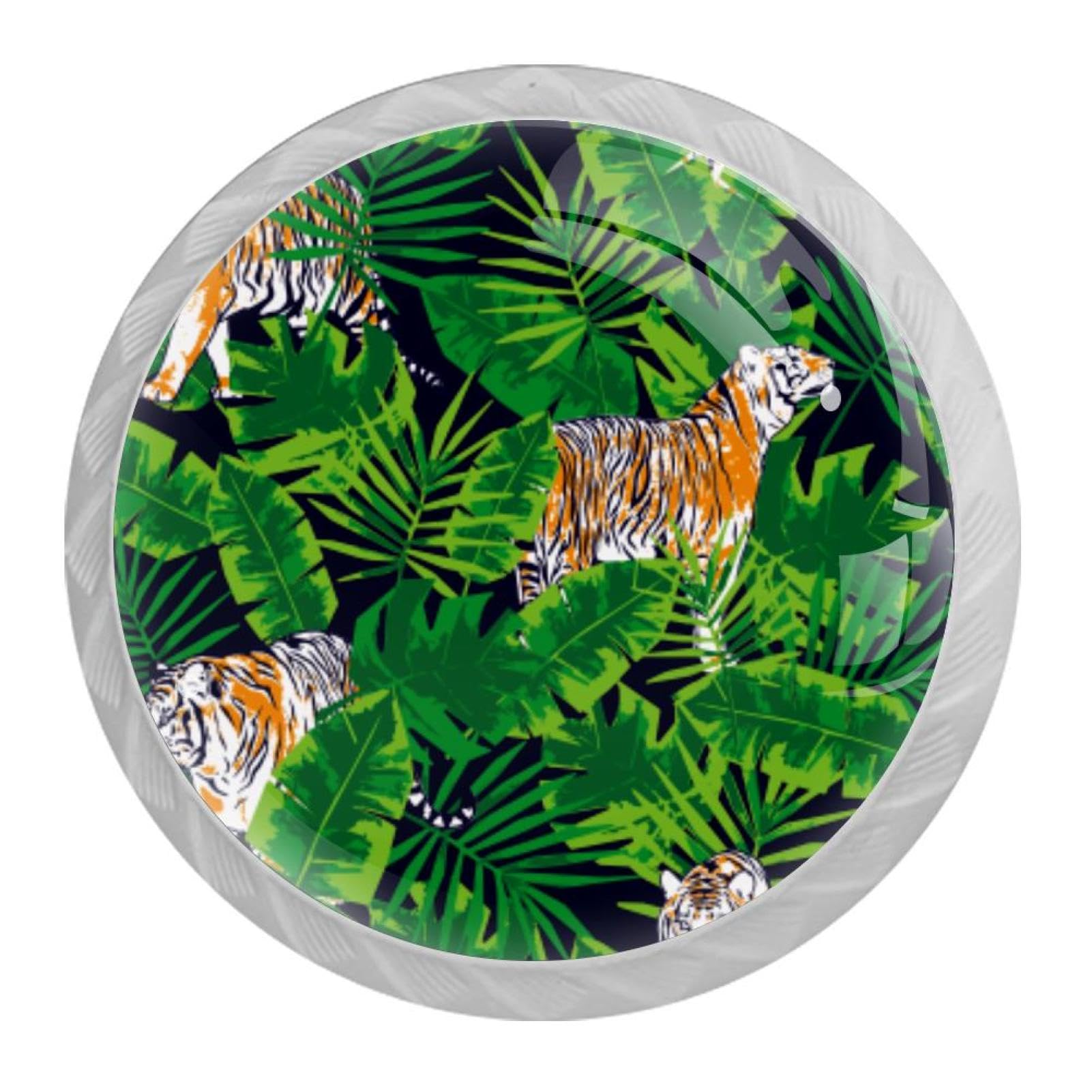 Tqmspg 4 Pieces Drawer Pulls Tiger Tropical Leaves Door Knobs Dresser Handles for Kitchen Wardrobe Cupboard Hardware Furniture