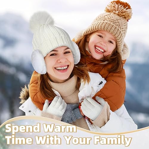 Miniatura 6 de Juego de 5 piezas de gorro de invierno bufanda y guantes de punto gorro con pompón, guantes cálidos para pantalla táctil, calentador de orejeras