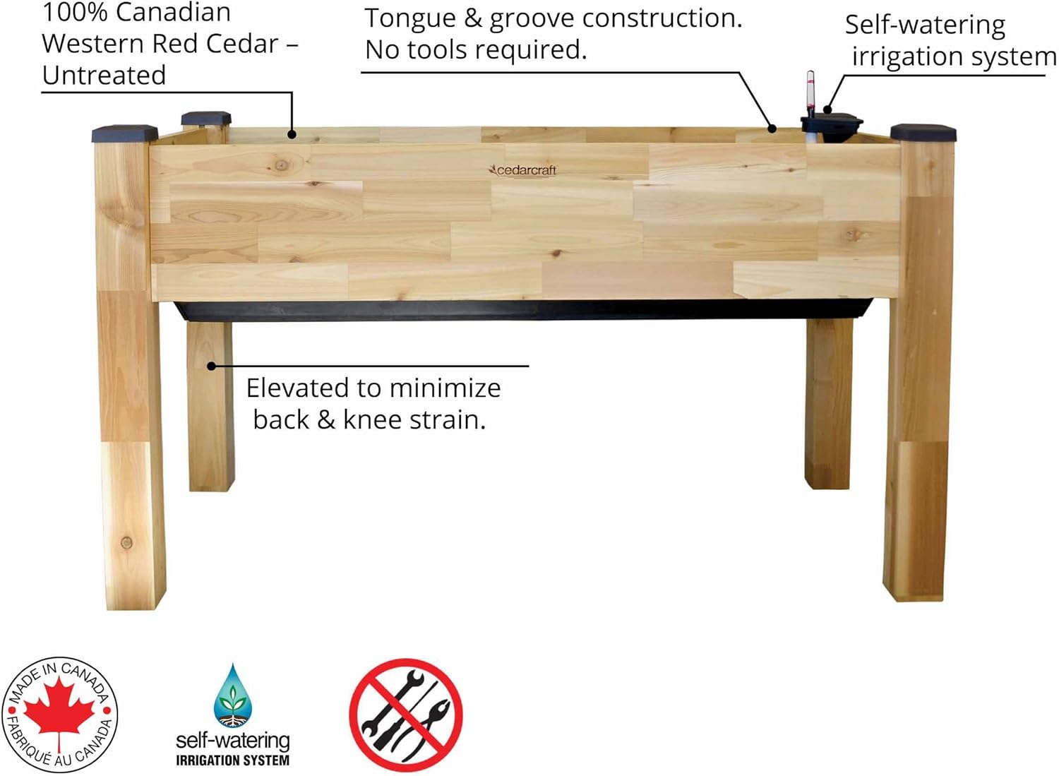 CedarCraft Self-Watering Elevated Cedar Planter (23" X 49" X 30") - Grow Fresh Vegetables, Herb Gardens, Flowers & Succulents. Raised Garden Bed for a Deck, Patio or Yard Gardening. No Tools Required.