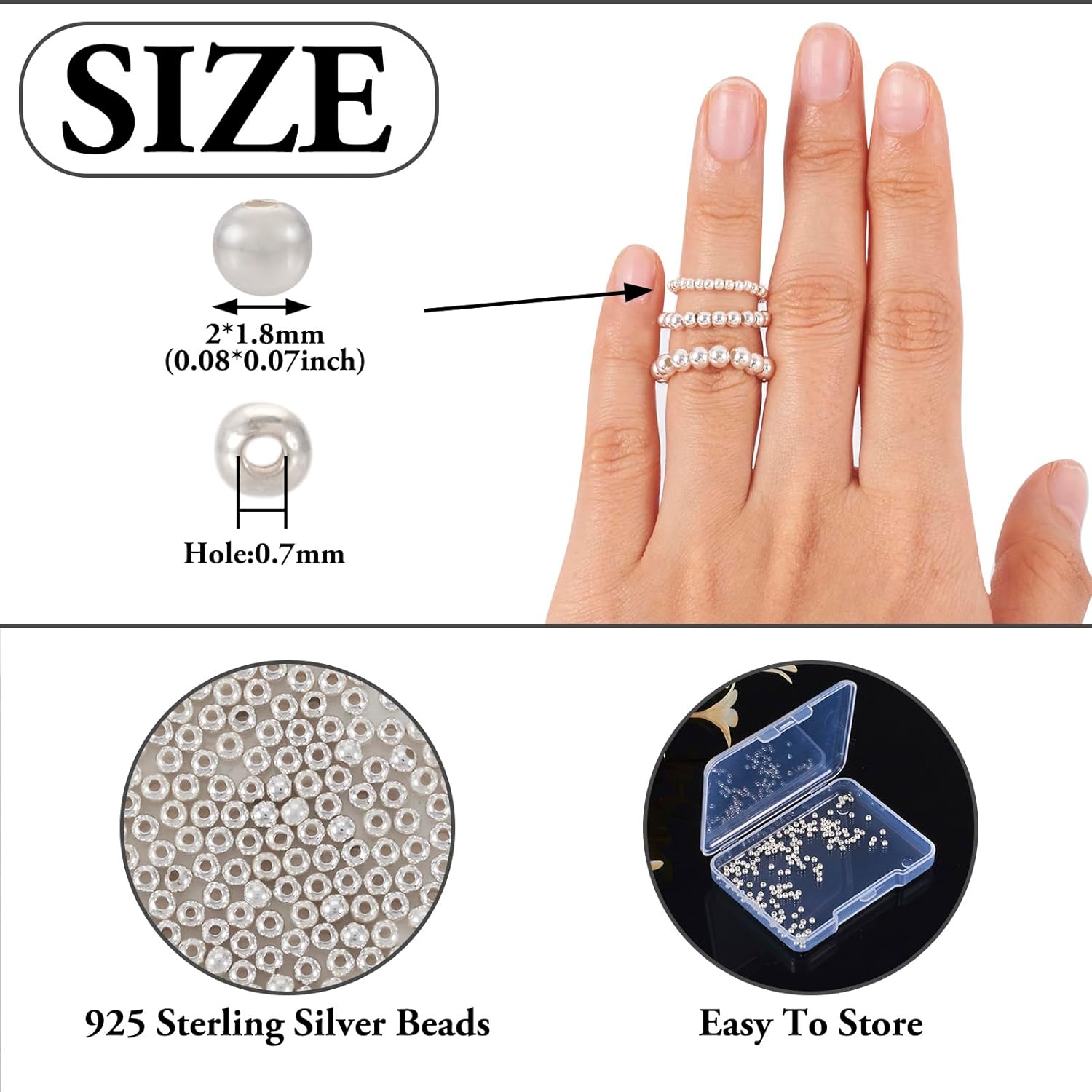 150Pcs 2mm 925 Sterling Silver Beads Smooth Silver Large Hole Round Beads Sterling Silver Metal Spacer Beads for DIY Bracelet Necklace Earring Jewelry Making