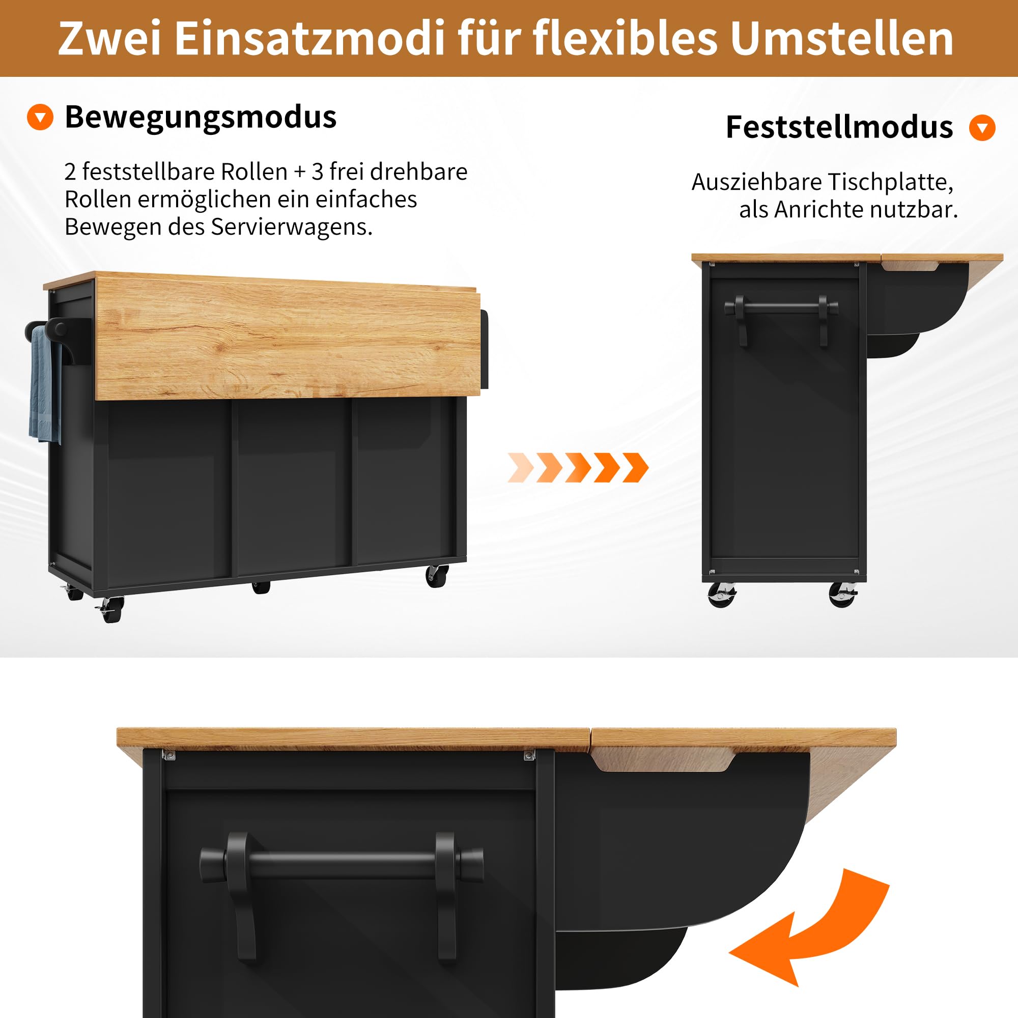Elegante armadietto da cucina a buffet nero, 120 x 73 x 92 cm, versatile con piano di lavoro pieghevole, portabottiglie e organizer per spezie, ripiani regolabili e porta per un'efficienza ottimale