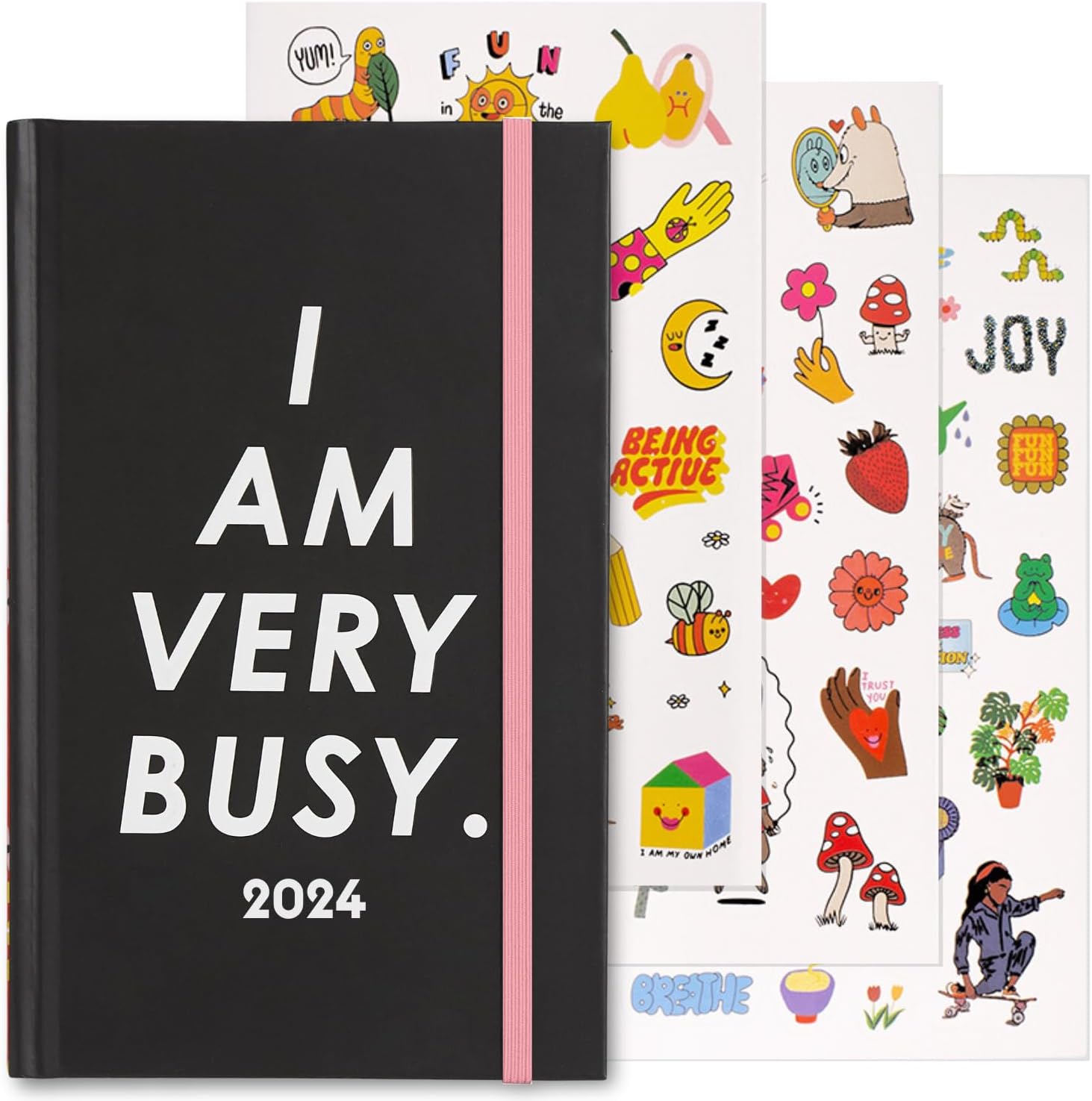 Daily Planner 2024, Classic Weekly Planner Dated January 2024 - December 2024, Self Care Journal, Hardcover Planner with Monthly Calendar, Stickers, & Pockets, I Am Very Busy (Black)