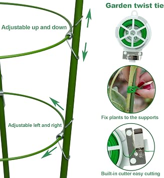 18 Small Plant Support Tomato Cages, 4 Pack Adjustable Garden Trellis for Indoor Outdoor Climbing Plants, Peony Flower Stakes with 66ft Garden Twist Ties, Green Metal Plant Cages for Pots & Garden