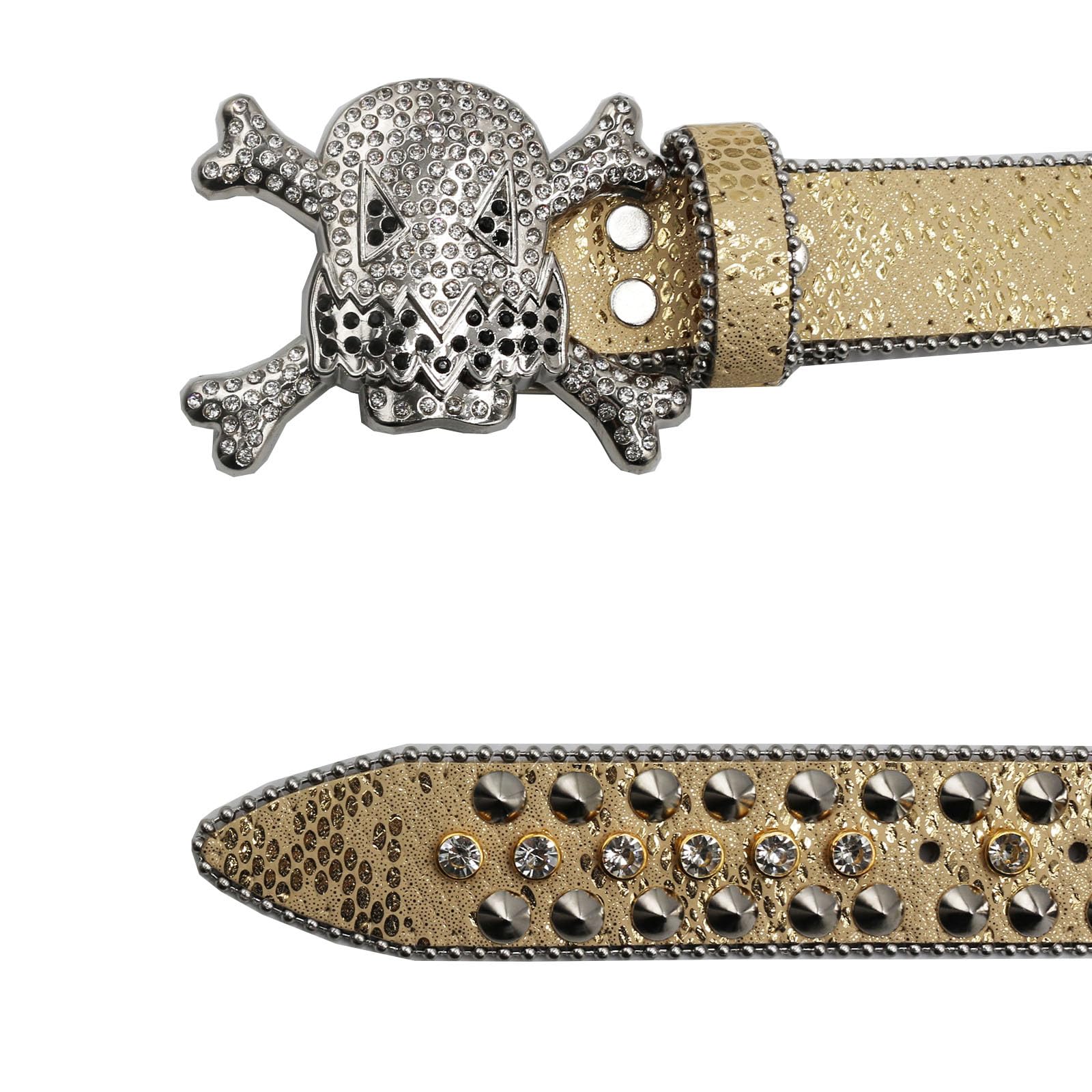 Cinturón con Calavera Cruzada Y Diamantes De Imitación para Mujer Moda De Vanguardia Cinturones De Cuero con Tachuelas Accesorio para Un Look Llamativo(125cm/49, Gold)