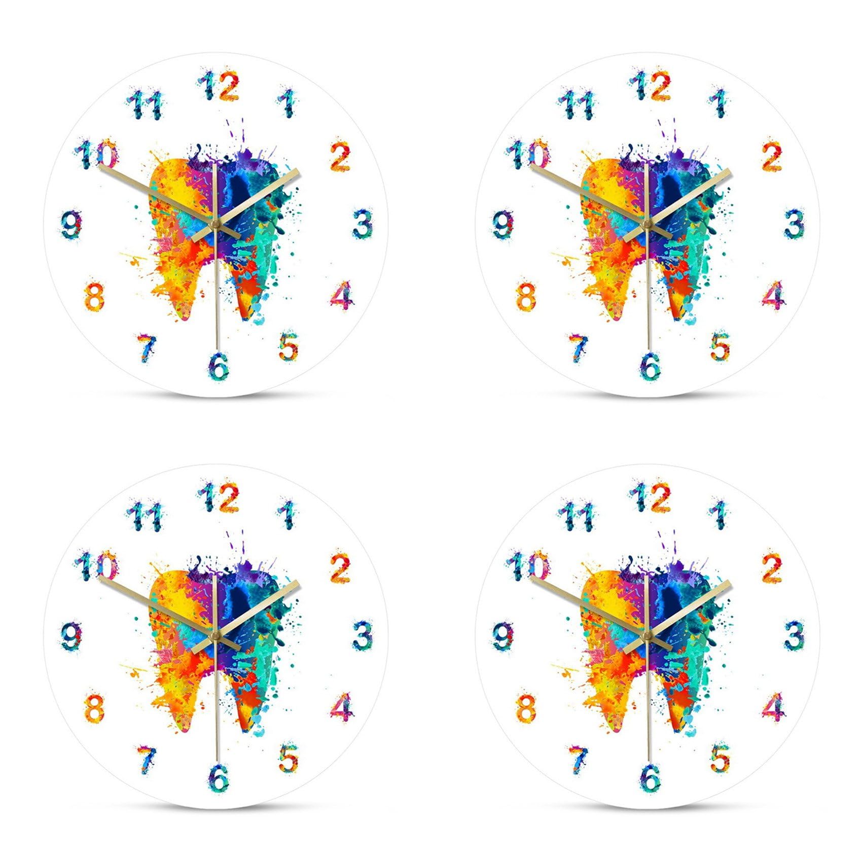 Hndhbfgrt 4X Watercolour Tooth Painting Print Wall Clock Dental Clinic Wall Art Non Ticking Wall Watch Orthodontist Dentist