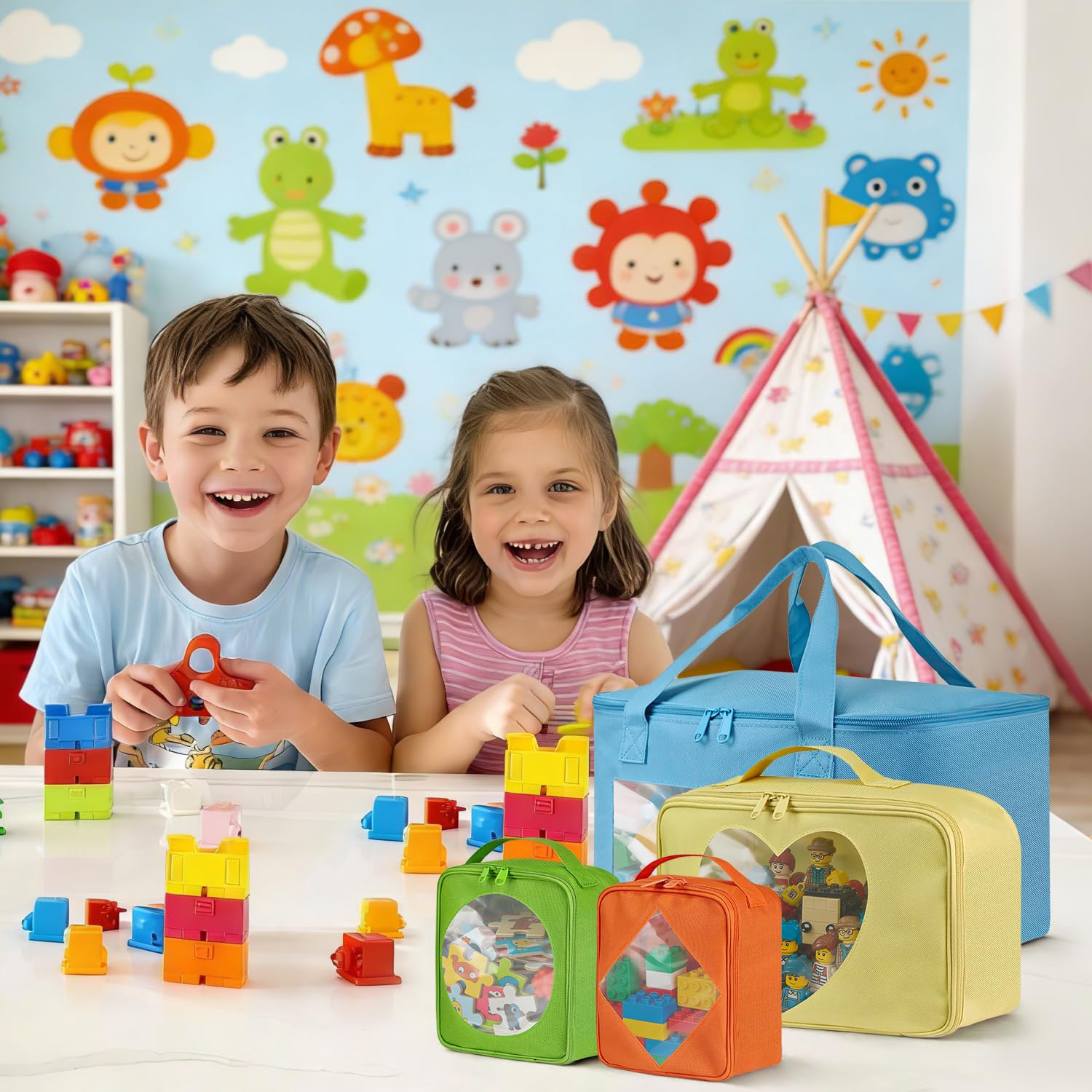 4 Stück Visuellen Spielzeug Aufbewahrung mit Individuelle Etiketten, Bauklötze Puzzle Aufbewahrung für Kinder, Wasserfest Aufbewahrungs Badespielzeug für Spielzeug, Schreibwaren, Puppen