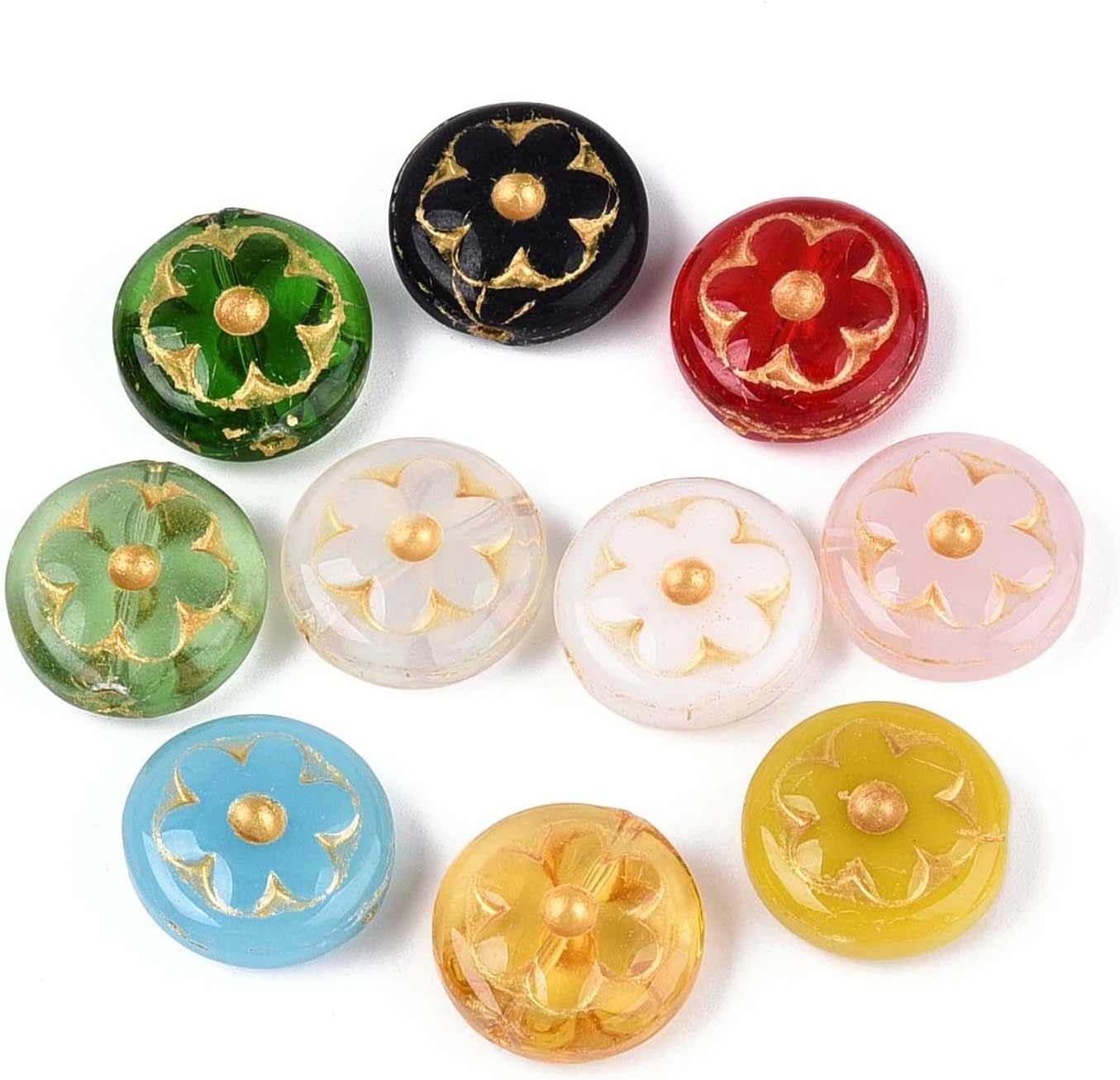 LiQunSweet 50 pcs Mixed Colors Golden Metal Enlaced Flower Glass Beads Flat Round with Floral Beads for DIY Jewelry Bracelet Necklace Earring Crafts Bag Keychain