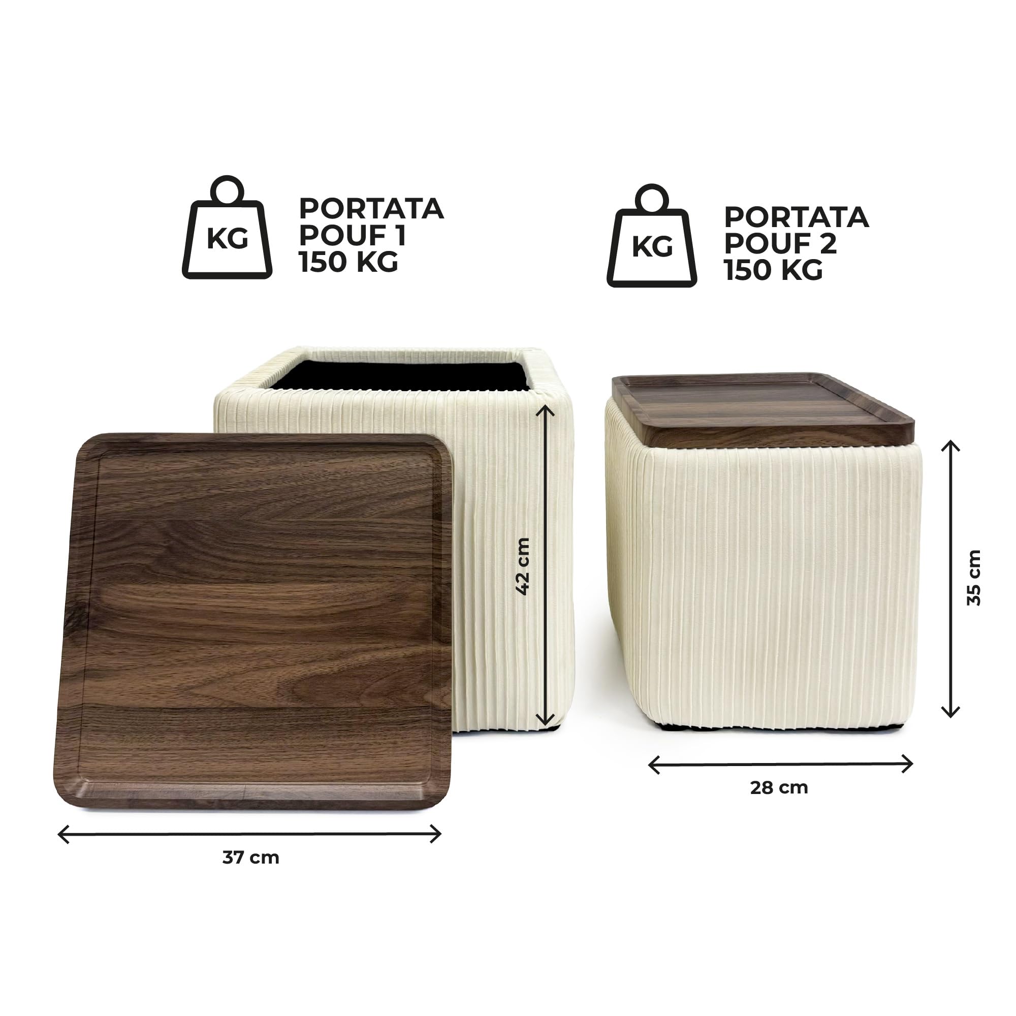 IlGruppone Set 2 Pouf Contenitore Quadrati in Velluto con Coperchio in Legno, Tavolino da Salotto Moderno, Pouf Contenitore Salvaspazio, Seduta Imbottita, Pouf Poggiapiedi - Beige