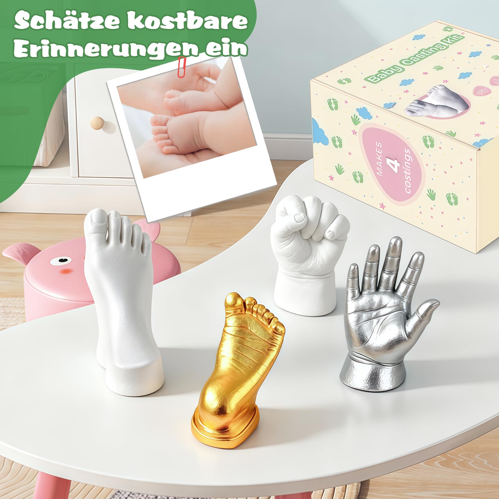 Gipsabdruck Baby Hand und Fuß für 4 Abdrücke Ungiftig 3D Gips Abdruck Hände mit Farben, Personalisierte Andenken Baby Geschenk Geburt Neugeborenen Geschenk für Frische Eltern