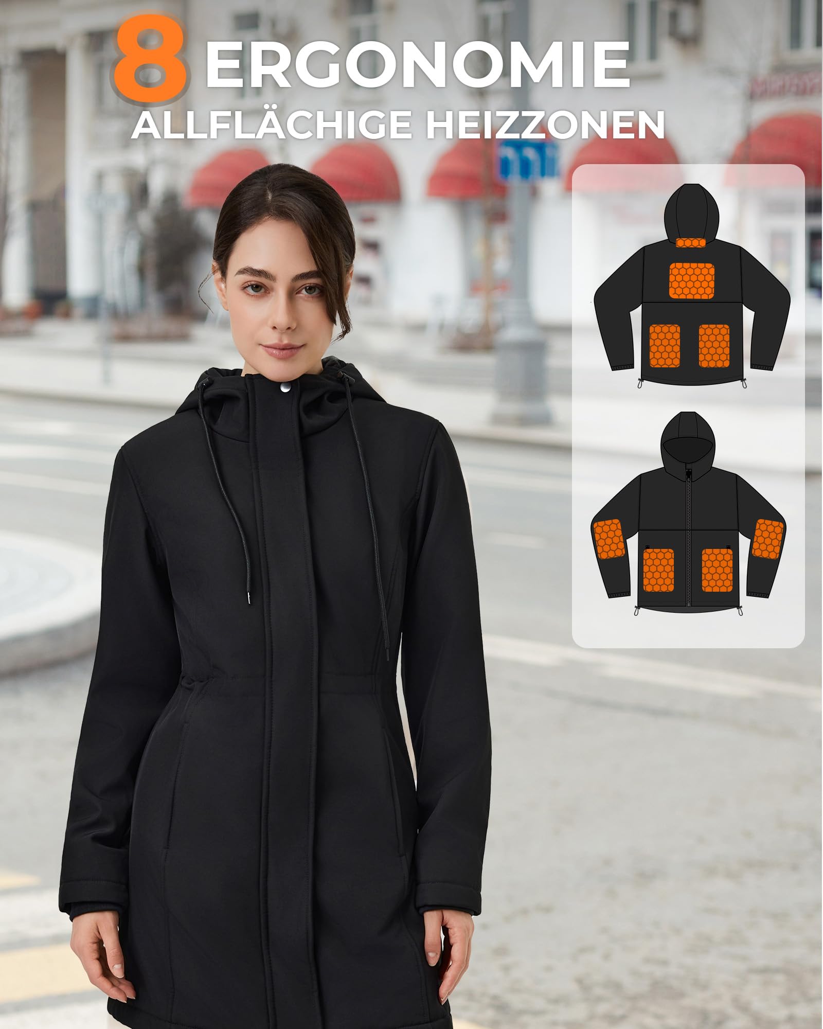 Beheizbare Jacke Damen mit Powerbank 12V 18400mAh, 8 Heizzonen Heizjacke mit 3 Temperaturstufen, Fleecefutter Winddicht Langer Winter Parka mit Kapuze fur Outdoor