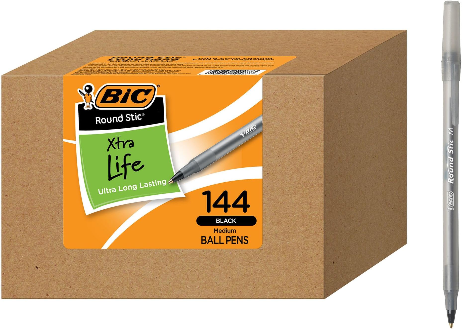BIC Round Stic Xtra Life Ballpoint Ink Pens, Medium Point (1.0mm), Black Pens, Flexible Round Barrel For Writing Comfort, 144-Count