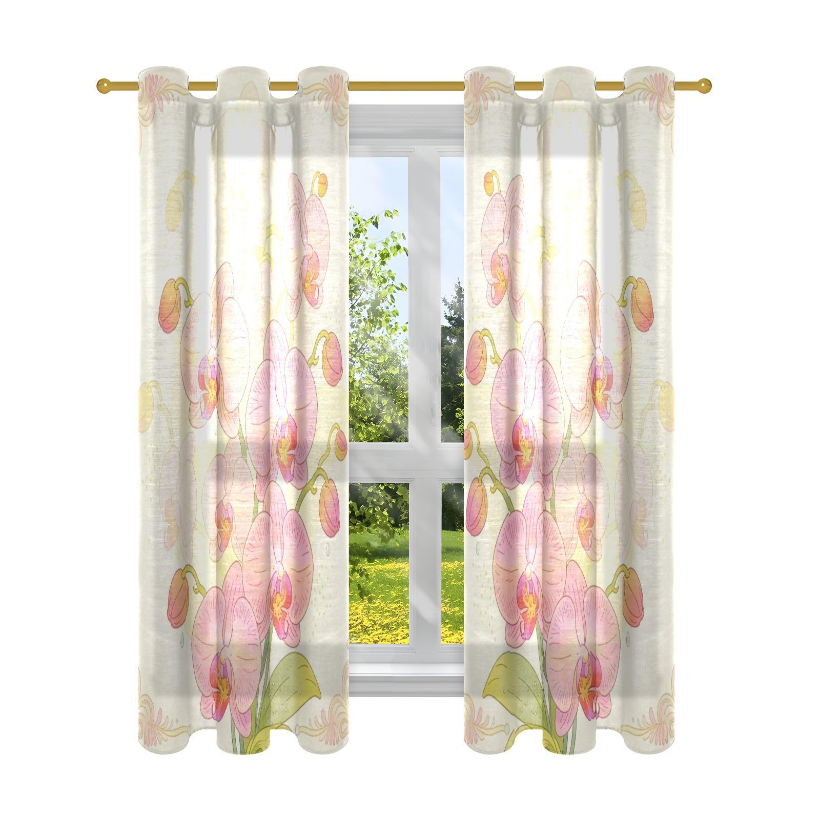 Cortinas decorativas para ventana, opacas, elegantes, arte de orquídeas tropicales, 160 cm de largo, oscurecimiento de la habitación, juegos de 2 paneles