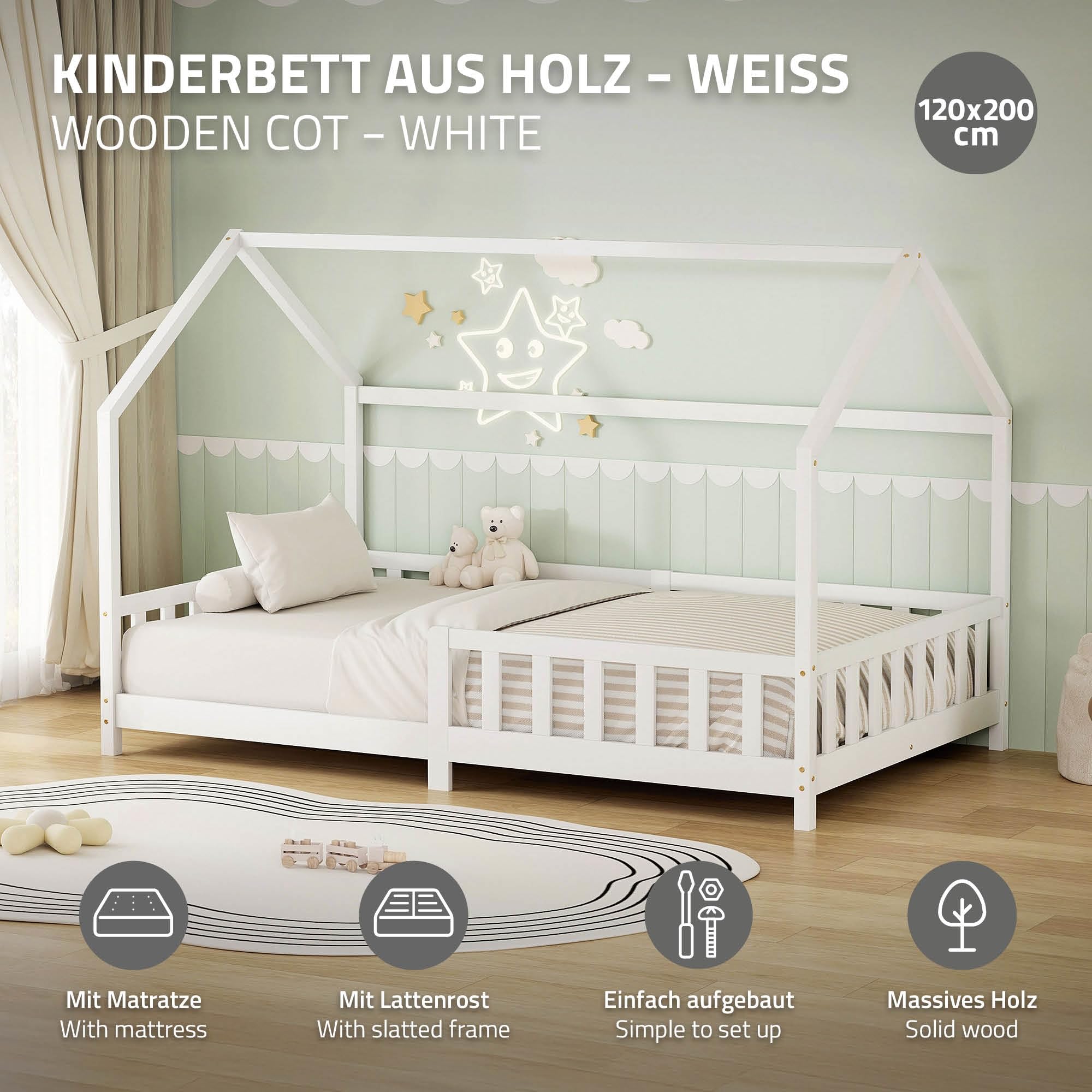 ML-Design Kinderbett Hausbett 120x200 cm mit Matratze, Rausfallschutz, Dach & Lattenrost, Weiß, Bettgestell aus Kiefernholz, Montessori Bodenbett, Holzbett für Mädchen & Jungen, Jugendbett Doppelbett