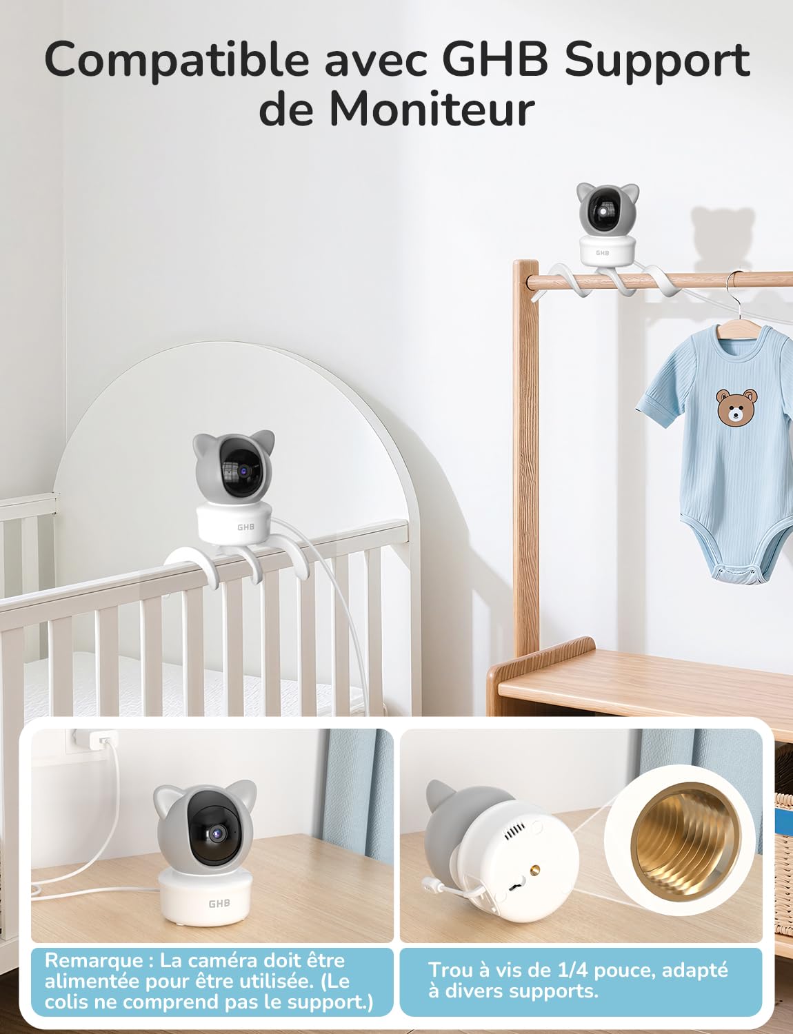 GHB Babyphone Camera 2K Camera Bebe Surveillance 5" Rotation à 350° avec Application Telephone Suivi Automatique Alertes Intelligente des Pleurs/Movements Zoom 4X Détection de Température/Humidité
