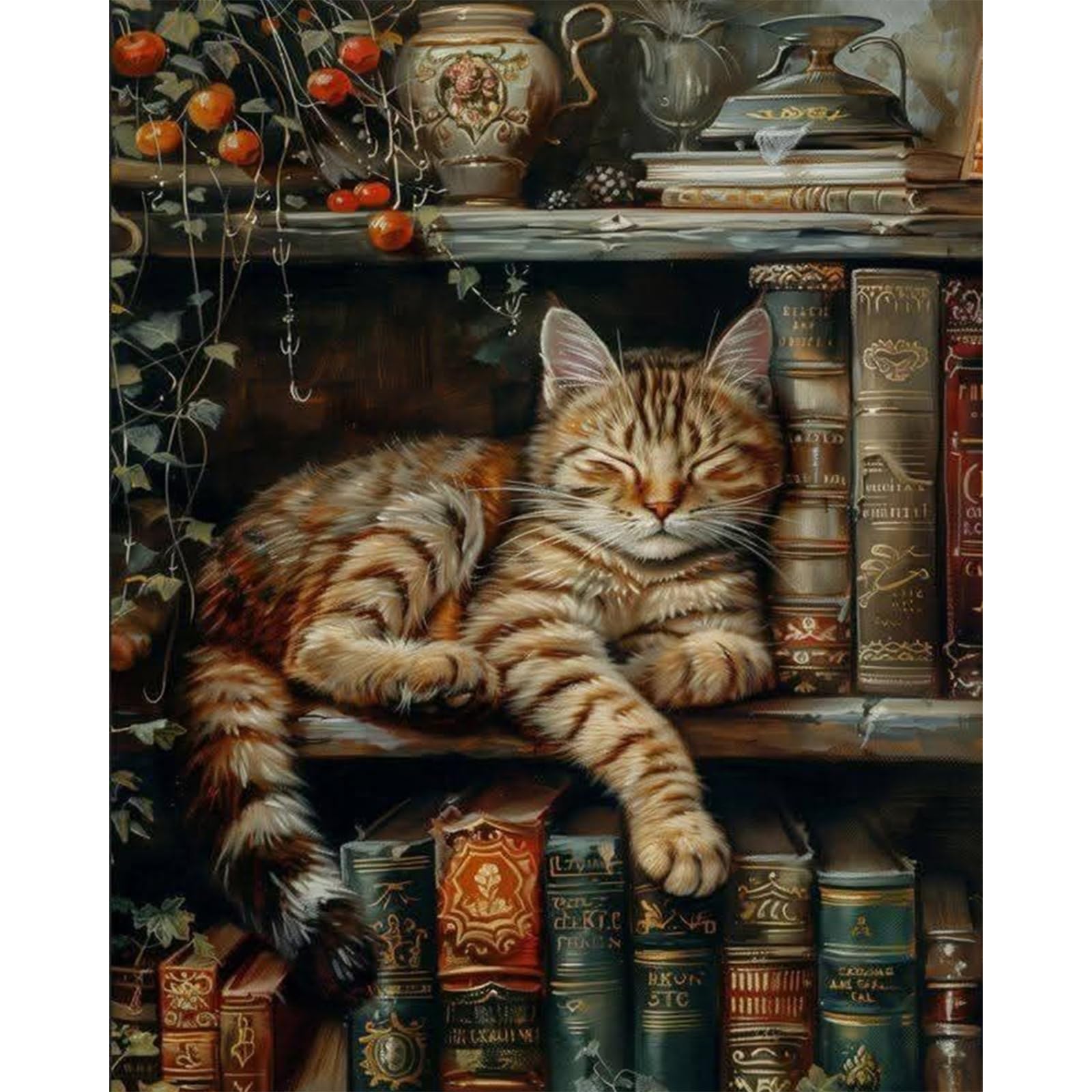 OkarinaArt Paint by Numbers for Adults Cat - Bookshelf Adult Paint by Numbers Kits for Beginner, Book DIY Acrylic Oil Adult Painting by Number Canvas Kits, Perfect for Home Wall Decor 16X20 Inch