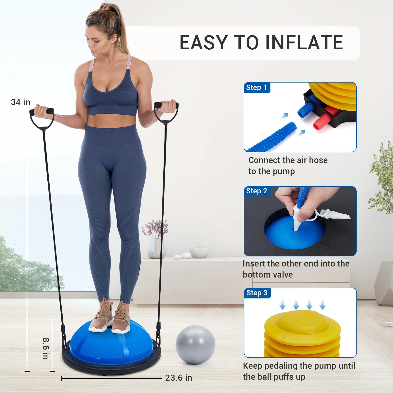 GAOMON Balance Ball, 725.7 kg aufblasbarer halber Gymnastikball, Balance-Trainer mit rutschfester Basis, halber Yoga-Ball, Krafttrainingsgerät mit Widerstandsbändern und Fußpumpe, Blau