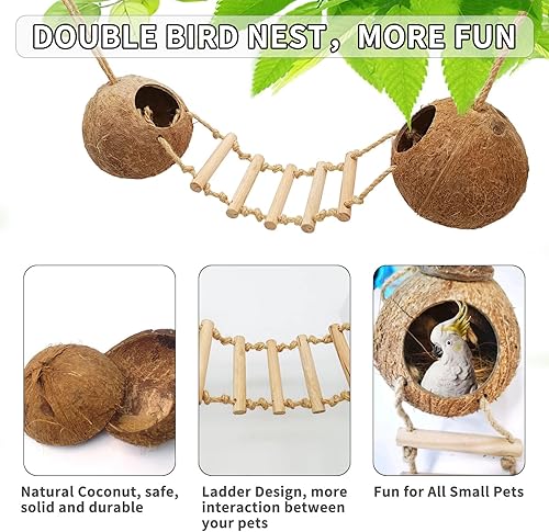 Vista 48 de Tfwadmx Casa colgante para pájaros con escalera, fibra de coco natural, nido de pájaros, conchas de coco, escondite, agapornís, columpio, juguetes