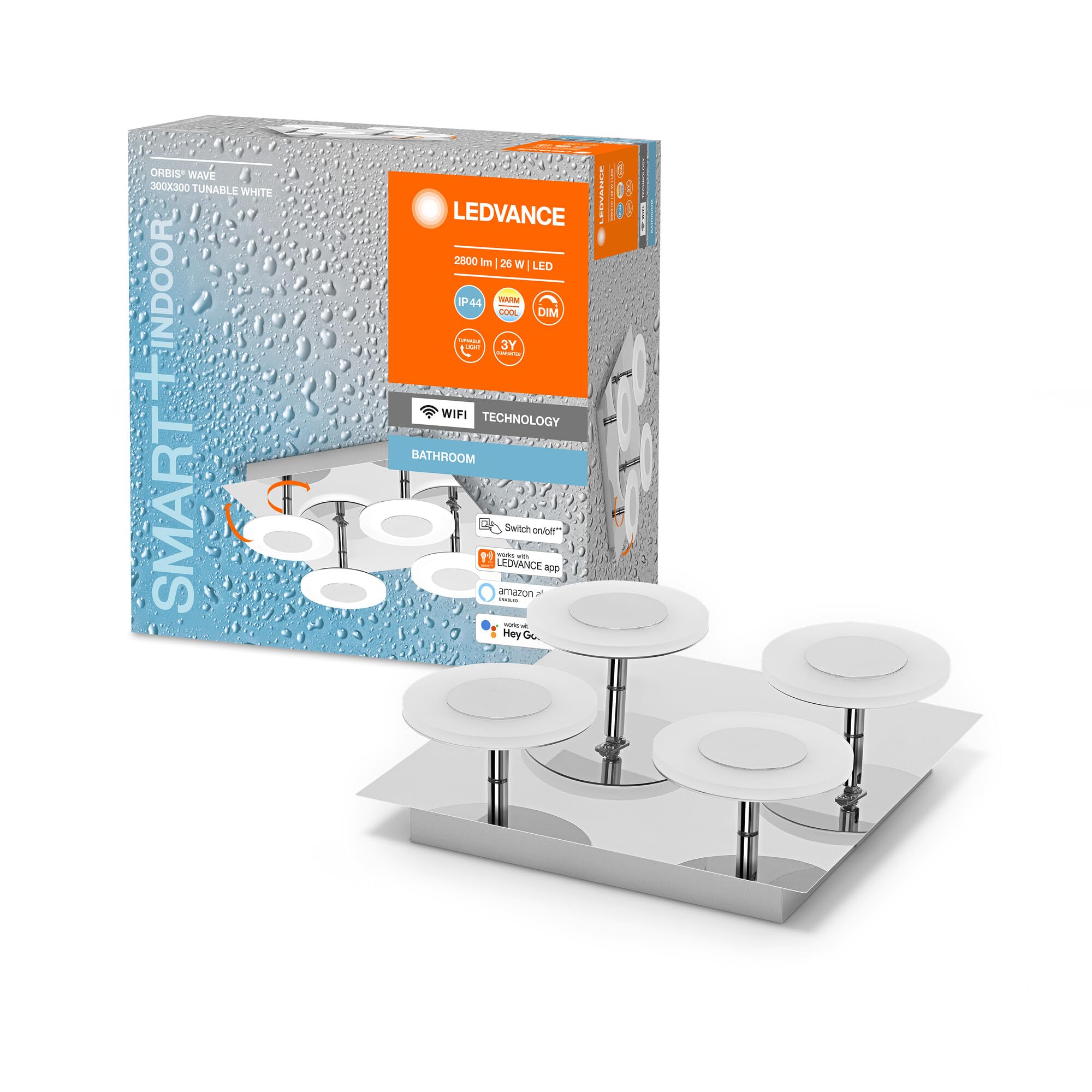 LEDVANCE Smart LED Bathroom Light Chrome, 26W, 2800LM, 3000-6500K, 30cm, IP44, Orbis Wave Wall Light, Bathroom Light with WiFi Technology, Dimmable, Controllable Via App and Voice Assistant