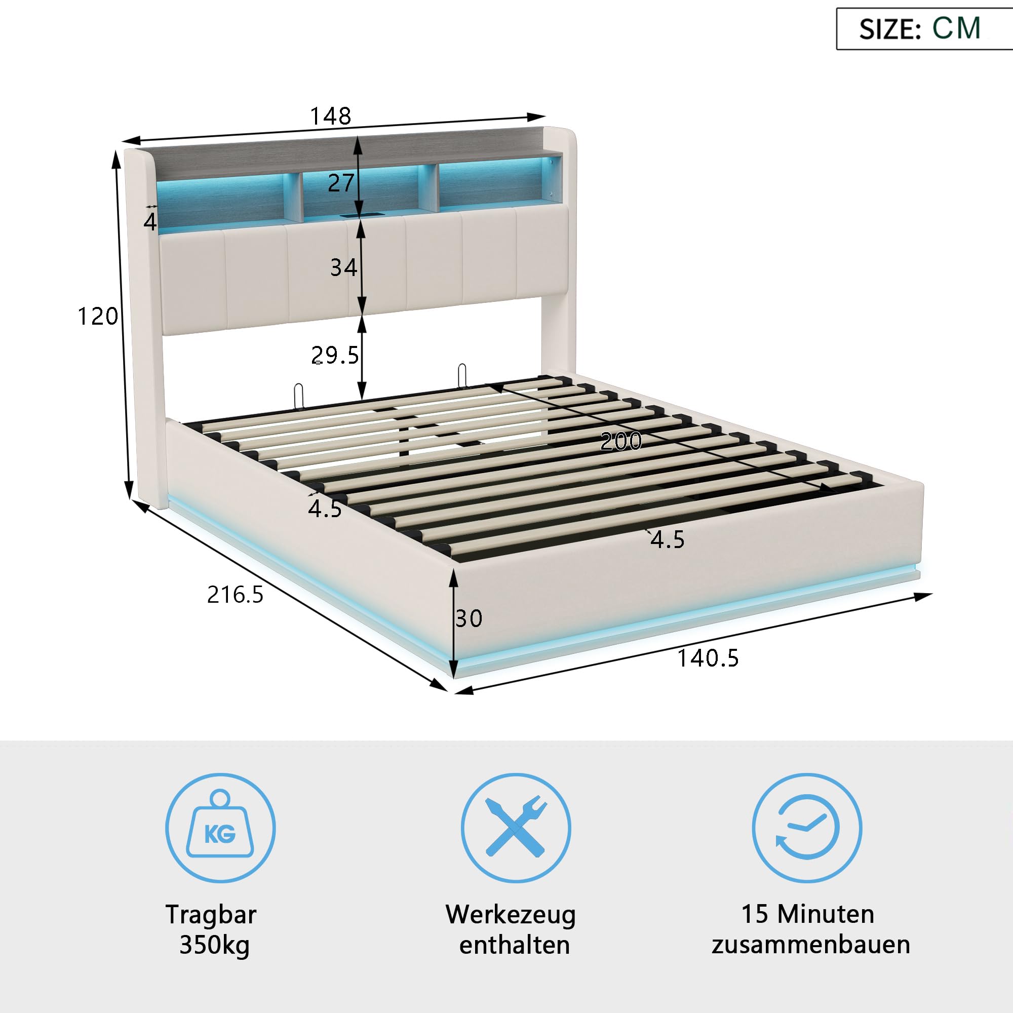 Cama doble tapizada de 140 x 200 cm con espacio de almacenamiento, cama de almacenamiento hidráulico, cabecero con LED y USB, estructura de cama de 140 x 200 cm, con somier y somier