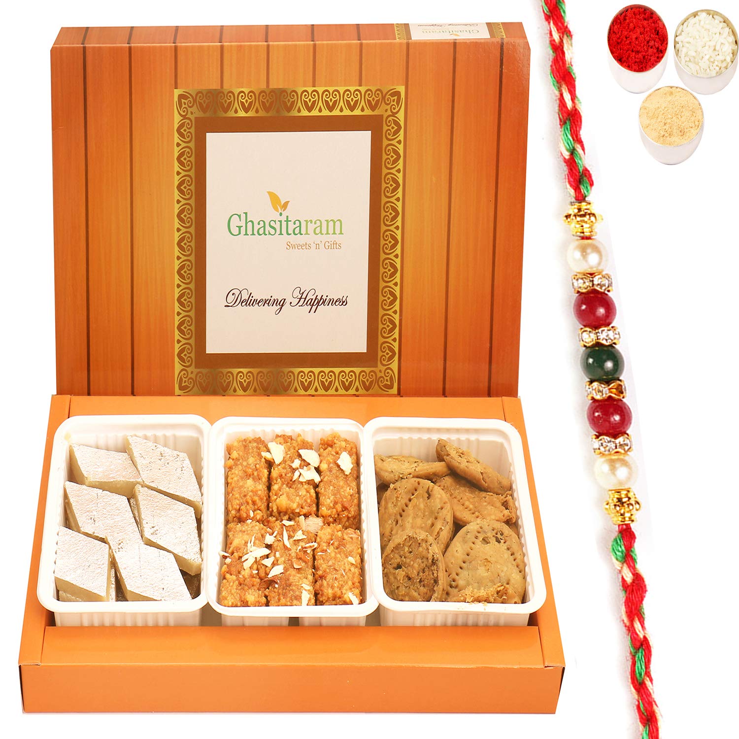 Rakhi Gifts for Brothers Rakhi Sweets - Assorted Box of Kaju Katli, Milk Cake and Methi Mathi with Pearl Beads Rakhi