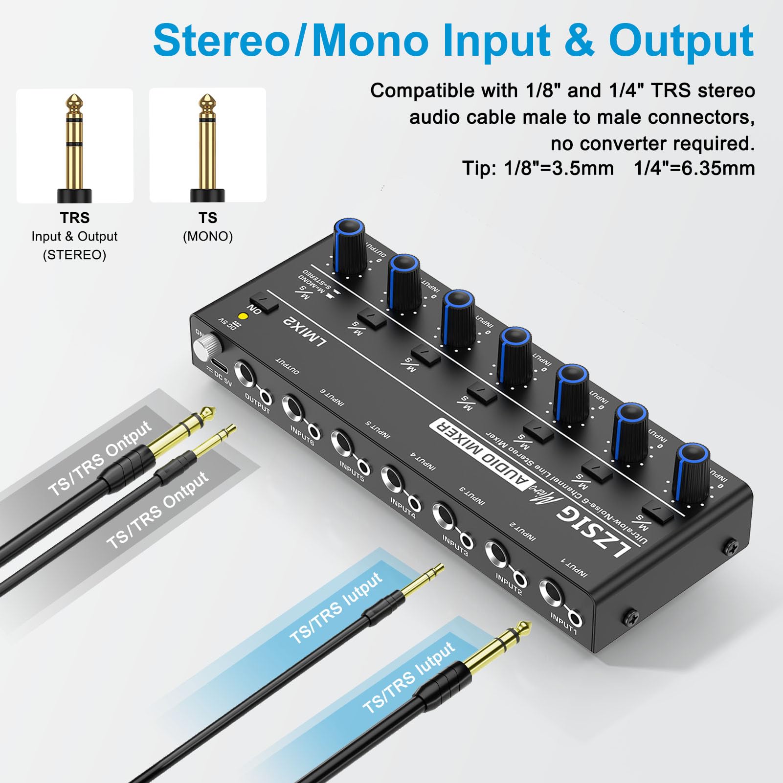 LZSIG Mini mixeur audio, mixeur de ligne stéréo pour sous-mixage, ultra silencieux, 6 canaux, contrôle indépendant du microphone, sortie et entrée TRS 6,3 mm et 0,3 cm, pour guitares, basses, claviers