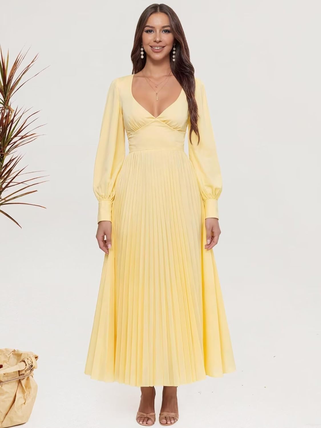 Long Sleeve Bridesmaid Dresses for Wedding Guest V Neck Pleated Satin Formal Dress for Women