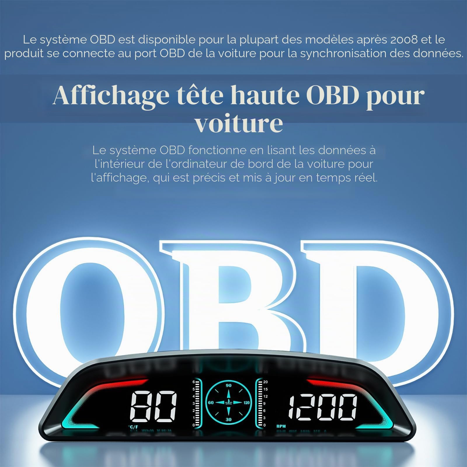 Écran HUD Head Up de voiture, MPH et KM/H, AMROOLOO, Heads Up Display Car, affichage de la vitesse de la voiture, RPM, Time et autres fonctions, speedomètre numérique automatique MPH