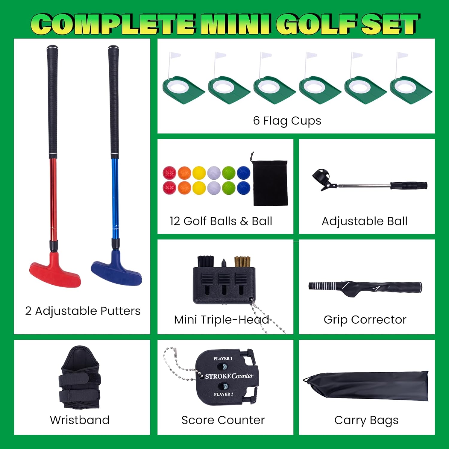 Mini Putting Golf Practice Set–Adjustable Putters, 6Flagged Holes, 12Practice Balls, Extendable Ball Retriever&Portable Storage Bags for Indoor and Outdoor Play