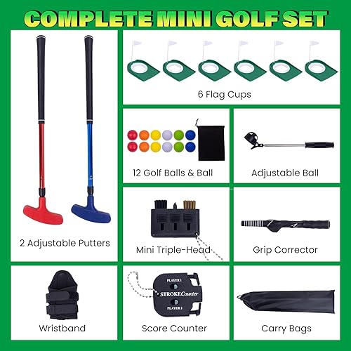 Miniatura 2 de Mini juego de práctica de golf de putting  Putters ajustables, 6 agujeros marcados, 12 pelotas de práctica, recuperador de bolas extensibles y