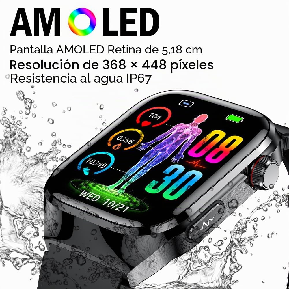Reloj Inteligente ECG y Marcación Contestar Llamadas, 2,04" Smartwatch Impermeable con SpO2, Frecuencia Cardíaca para Android iOS