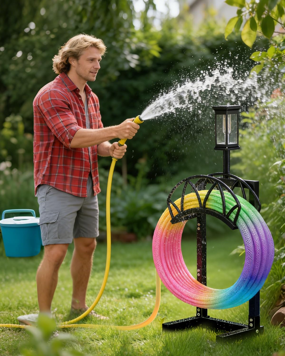 HZE Garden Hose Holder, Freestanding Water Hose Holder Stand for Outside with Solar Light, Heavy Duty Detachable Metal Garden Tube Storage Hanger Rack Holds 160 FT for Yard Lawn Farm, Black