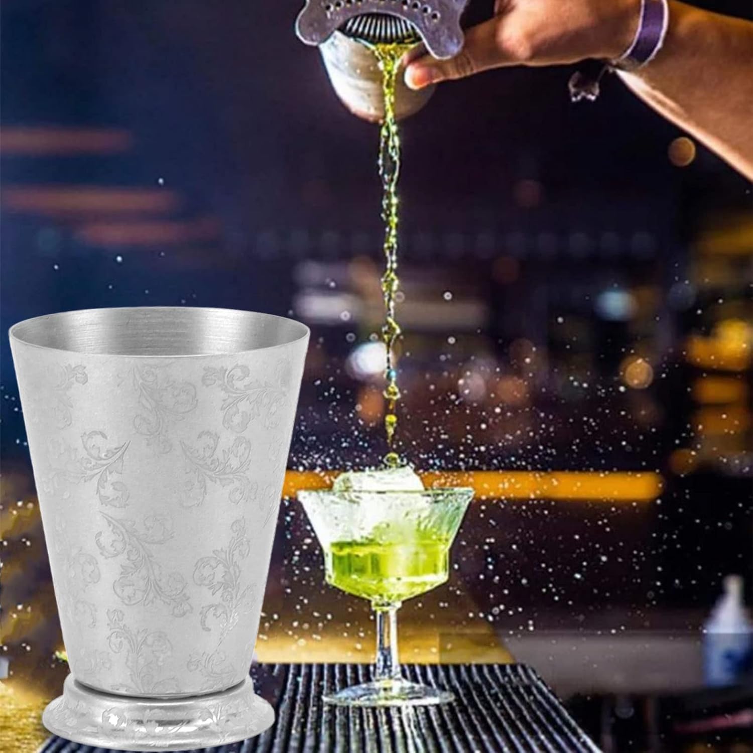 Stainless Steel Mint Julep Cup, Vintage Cocktail Glass for Bartenders, Durably and Elegant, for Moscow Mules, Gin Tonic, Rum, and More (Leaf Texture)