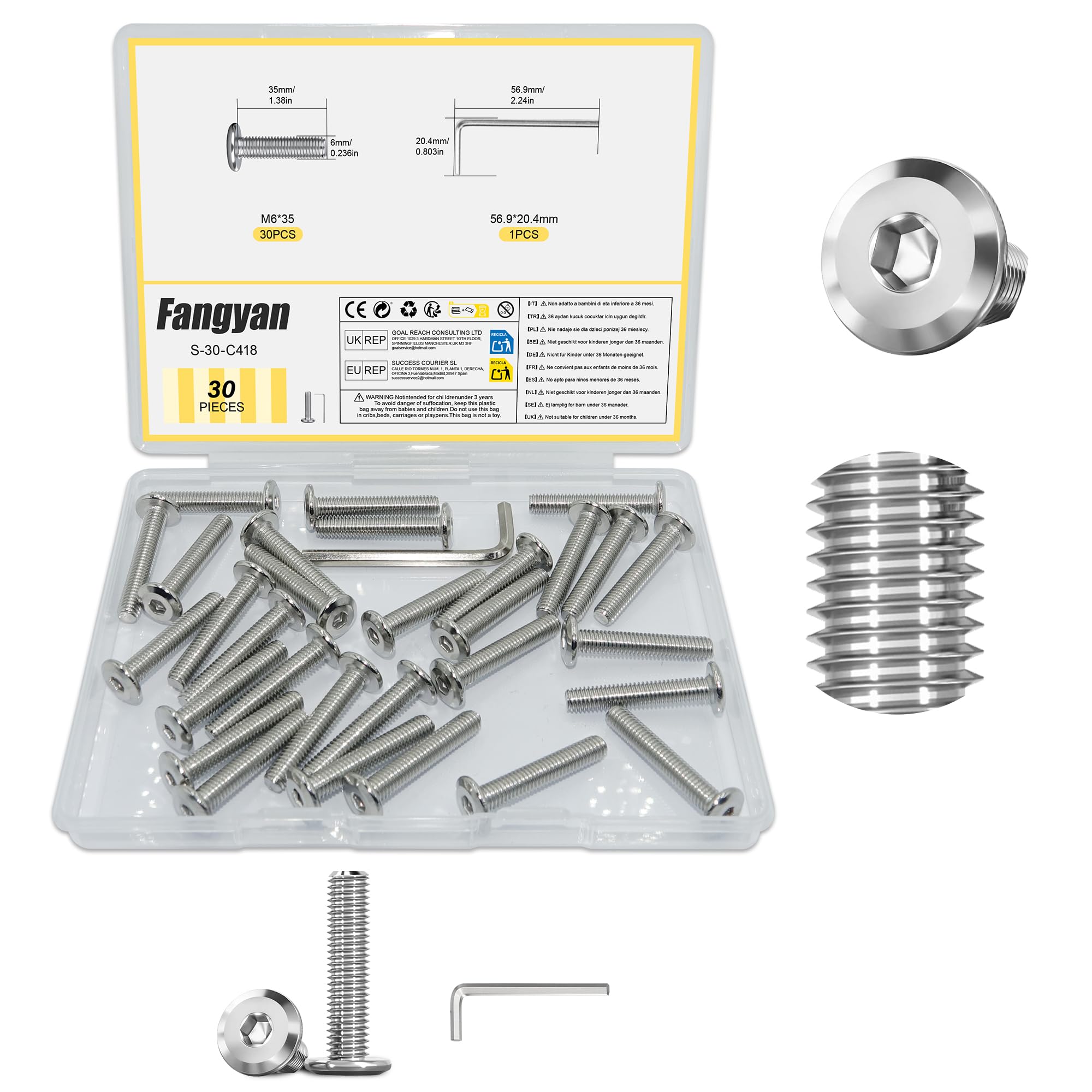Fangyan 30PCS M6 x 35mm Flat Head Socket Screws, 304 Stainless Steel Large Flange Allen Machine Bolts with Hex Wrench, Hex Socket Fasteners for Furniture, Cabinets, Metal Frames & DIY Repairs