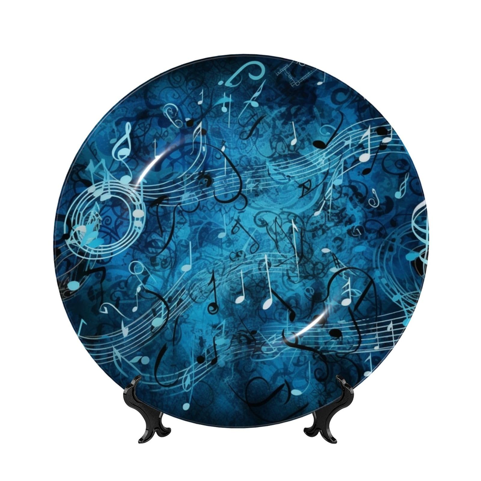 Assiette décorative en porcelaine à offrir, ornement musical bleu fait main en céramique