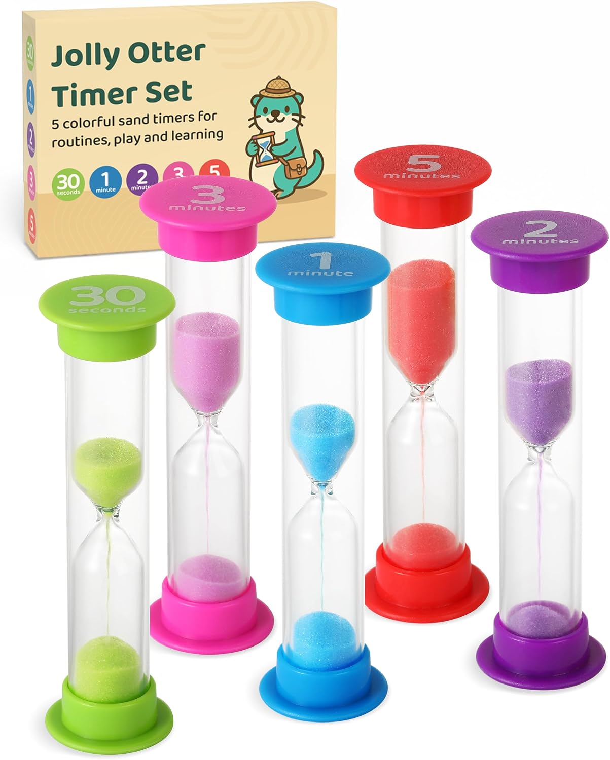 Sand Timer for Kids - 5-Pack Hourglass Timers 30s 1, 2, 3, & 5 Minutes