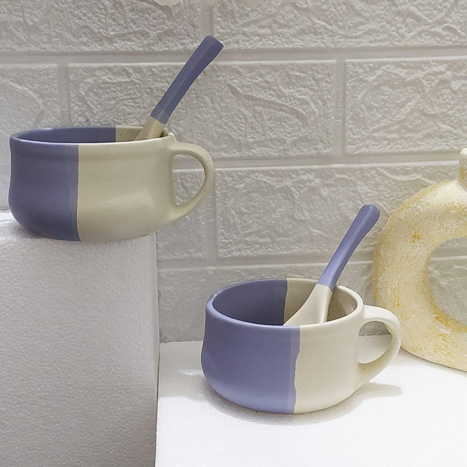 Aav World Ceramic Soup Bowl with Spoon/Soup Cups Microwave Safe & Dishwasher Safe Handpainted Soup Bowl Set with Spoon Set of 2 4
