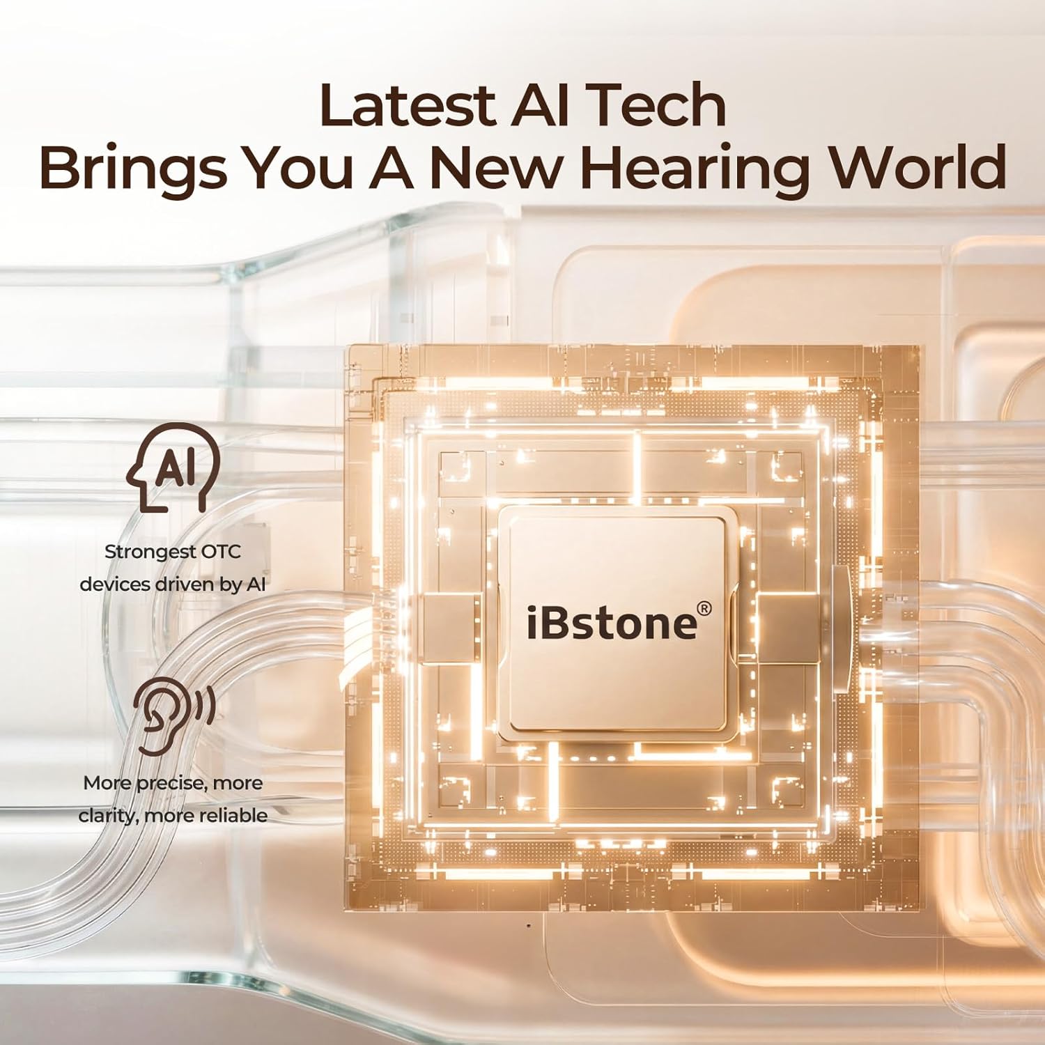 iBstone AuraLink hearing aid properly placed behind and in the ear.