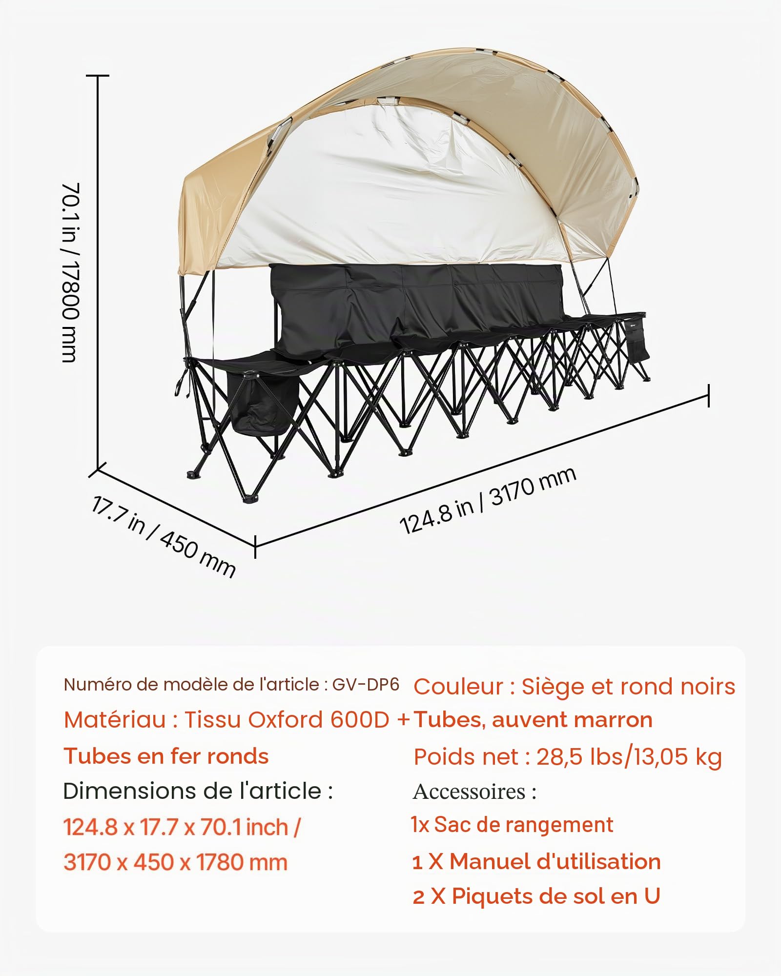 VEVOR Banc Pliant Portable à 6 Places, Banc de Camping Pliable avec Poches de Rangement, Porte-gobelets et Sac de Transport, siège latéral léger avec Pare-Soleil pour Football et Baseball, Noir