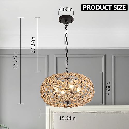 Miniatura 7 de Lámpara colgante bohemia de ratán tejida a mano, cuerda de cáñamo rústica, cesta de jaula de 4 luces, lámpara colgante costera de granja, luz