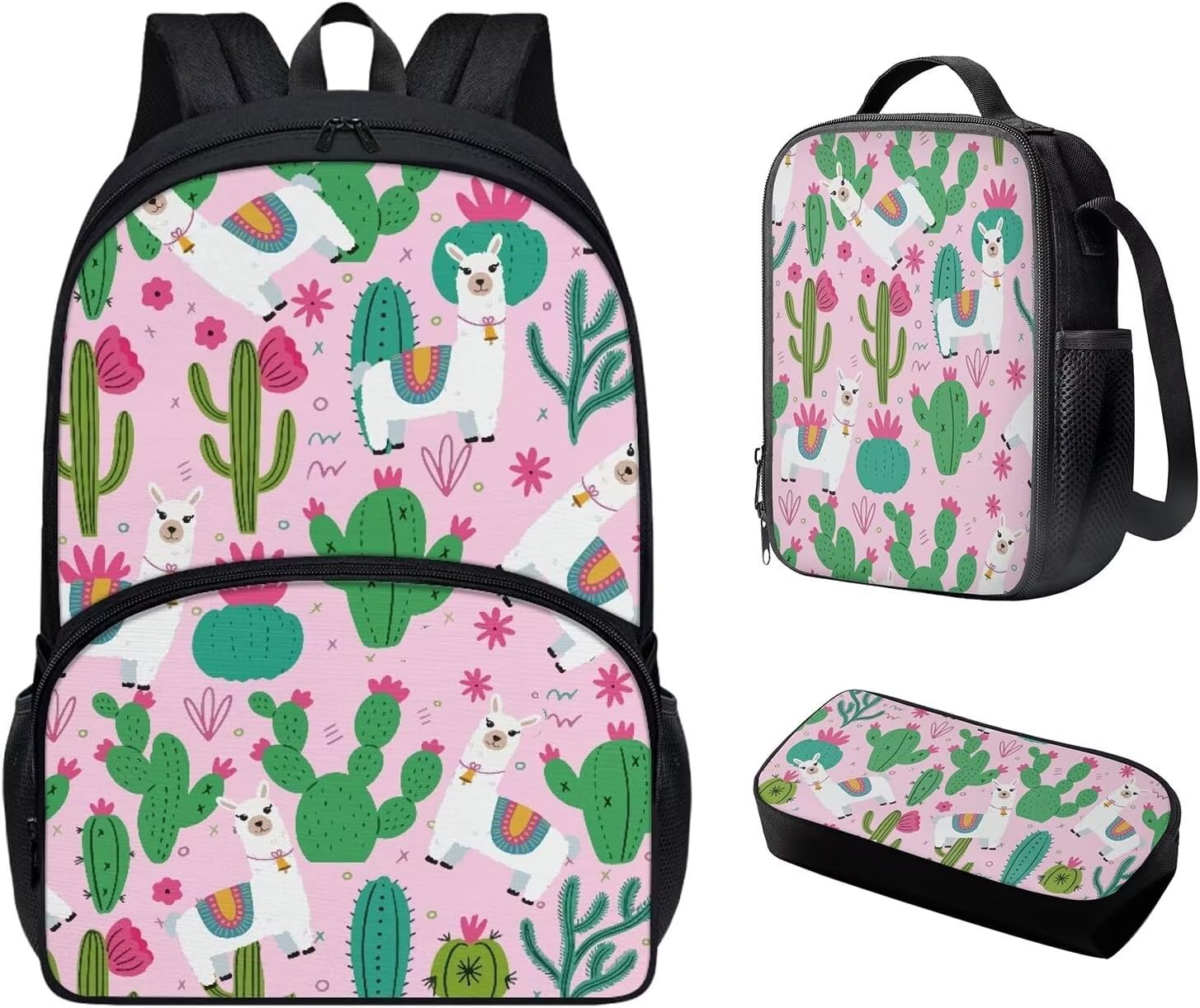 HUIACONG Cacturs Floral Alpaca Girls Backpack Set with Lunch Box Pencil Case 3 Pcs School Book Bag for Kids Primary School Preschool Student Pink