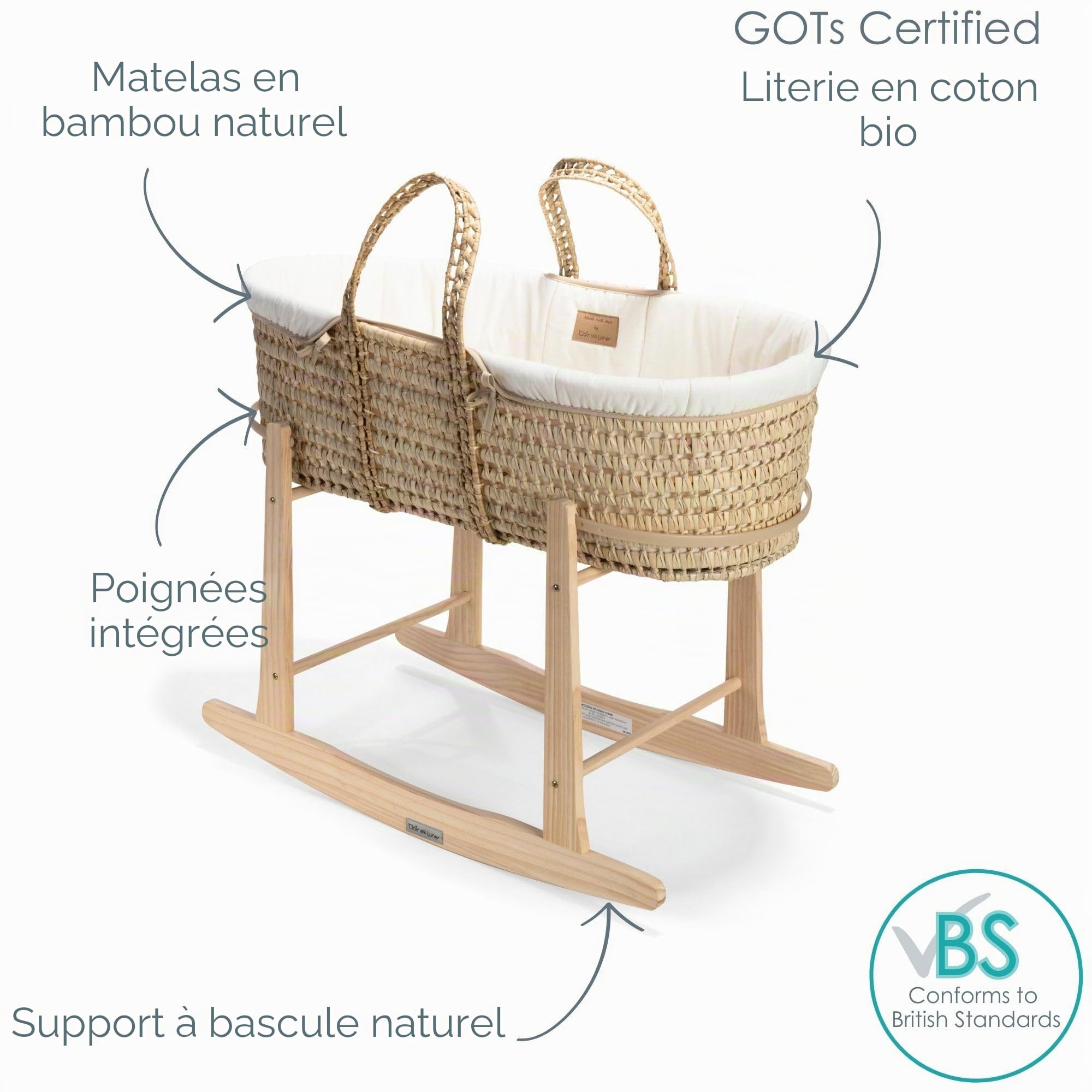 Clair de Lune Couffin en palmier bio et support à bascule naturel | Couffin pour bébé primé | Panier en palmier, pansement bio, matelas en bambou, drap de couffin | Essentiels pour nouveau-né | (crème