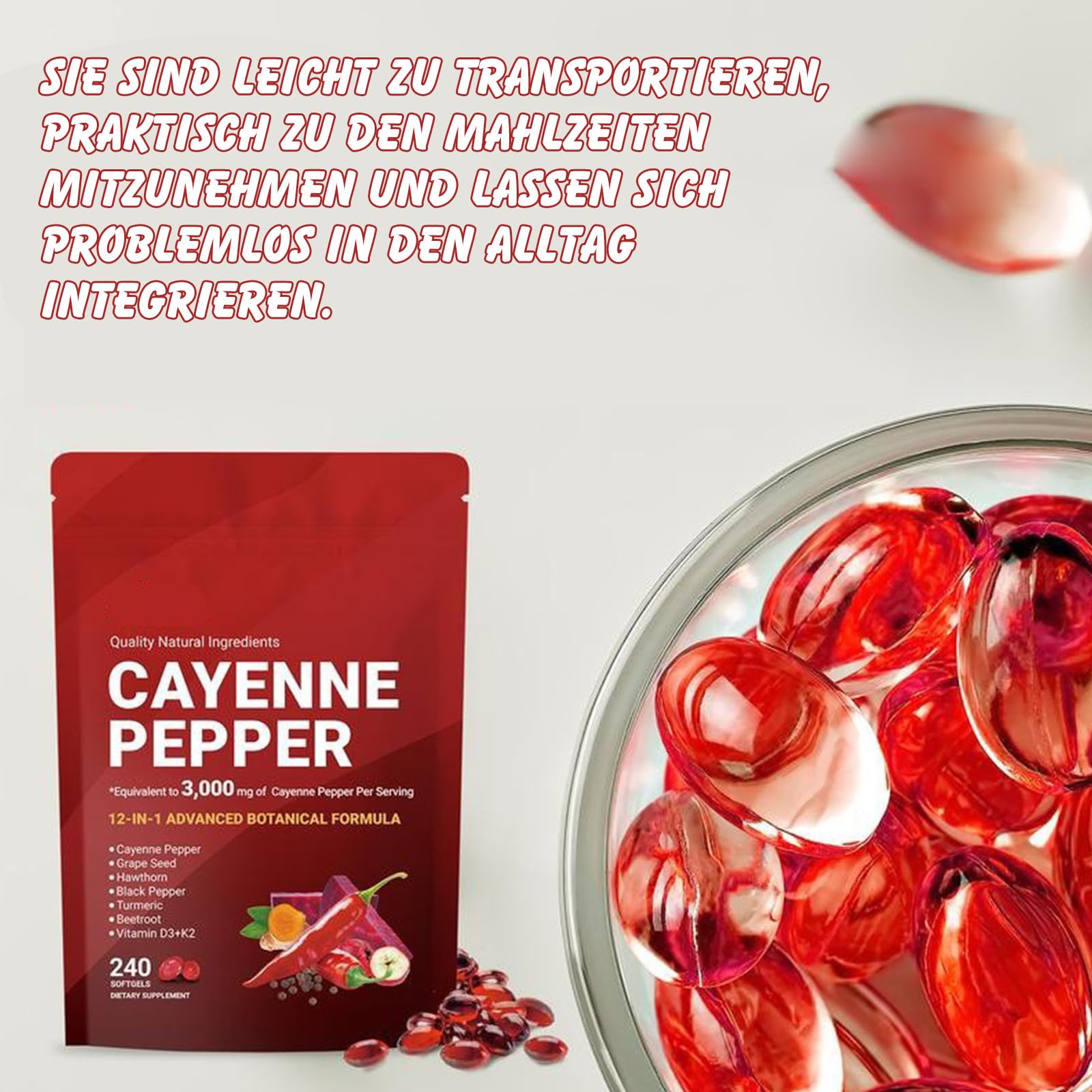 Cayenne Pfeffer Komplex –12-in-1 Formel, Cayennepfeffer-Softgels, 240 Softgel-Kapseln – Mit Kurkuma, Weißdorn & Rote Bete – Hochwertiger Pflanzenextrakt-Komplex (3 Beutel)