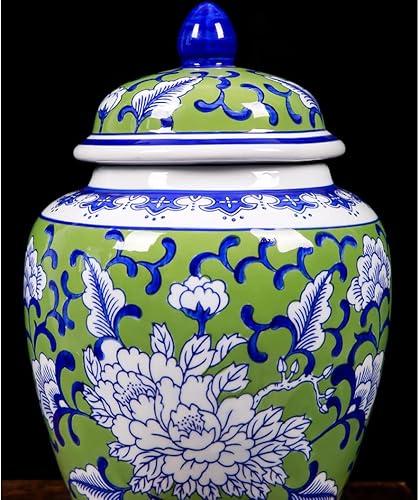 Miniatura 3 de ZHOUXIAO Jarrón de jengibre de cerámica verde con tapa, tarro de templo floral de porcelana decorativa tradicional china, jarrones de flores